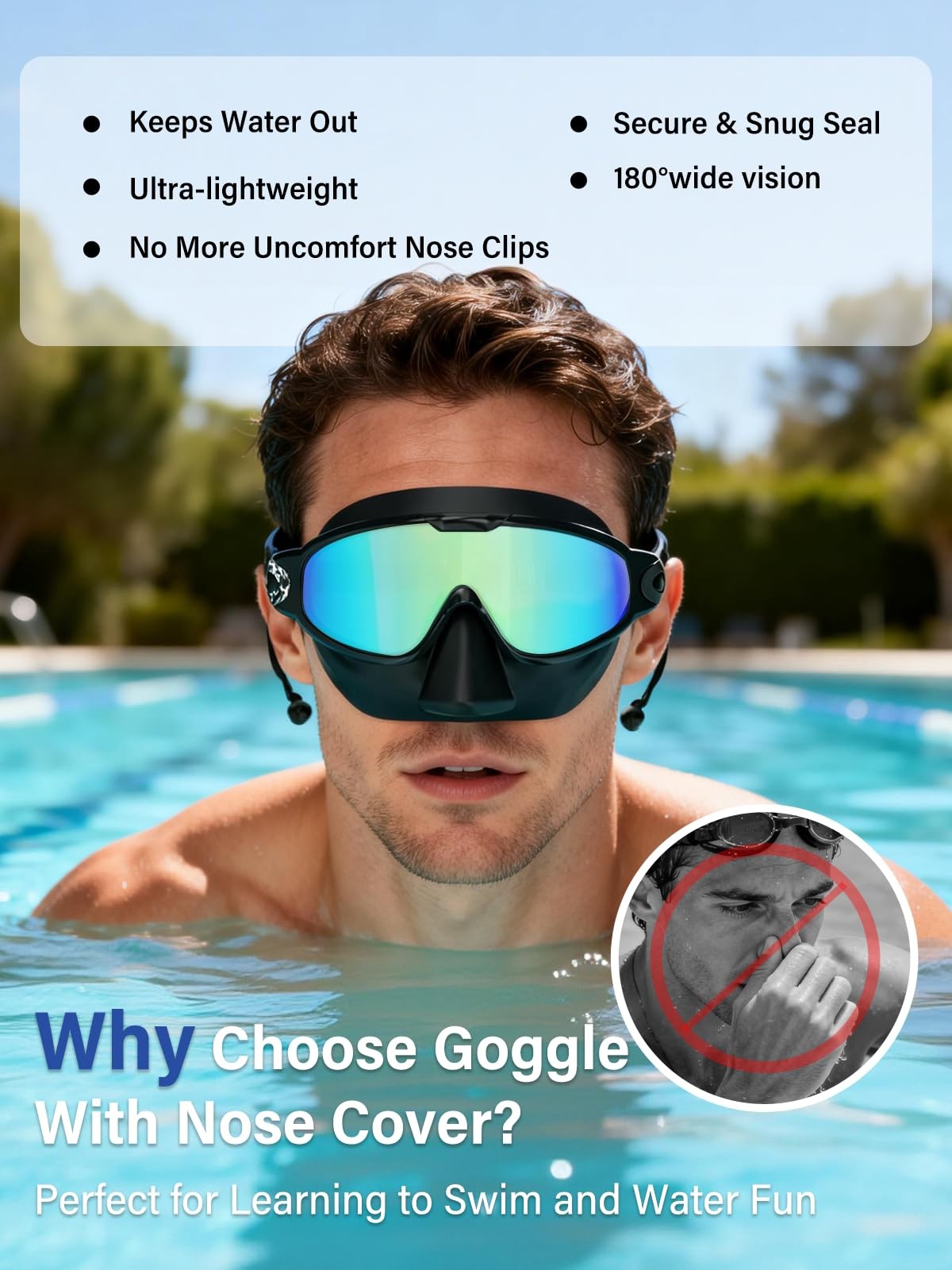 YLKJSWIM Swim Goggles Adult with Nose Cover One Size, 01-aqua & Birght Rose