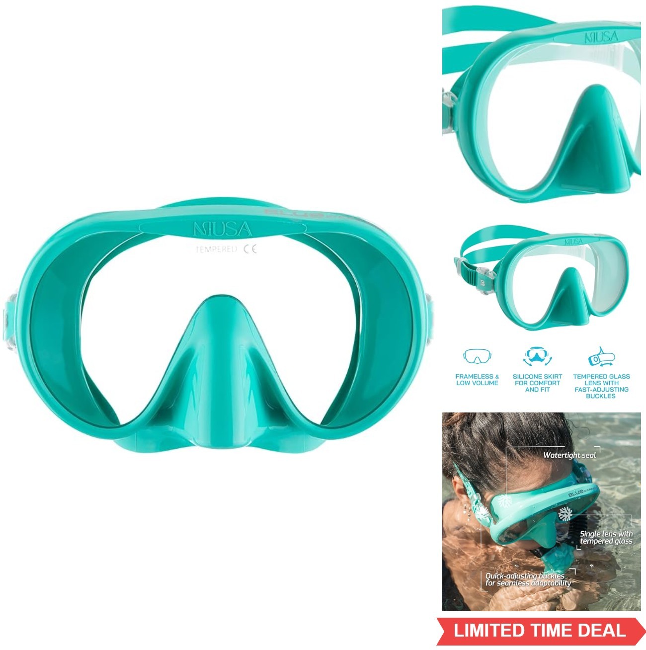 Frameless Diving Mask Single Lens Low Volume Silicone Skirt Adjustable
