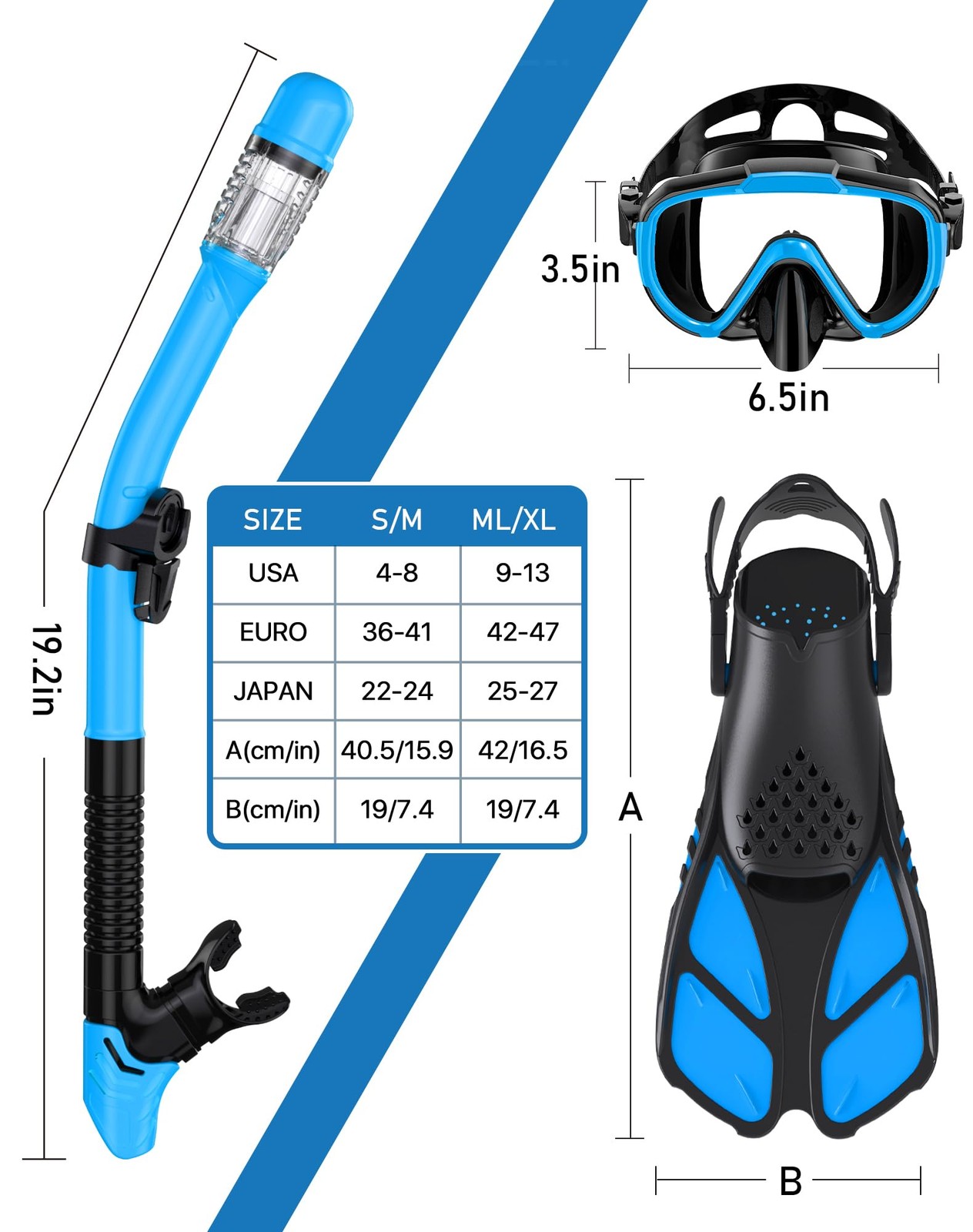 Ubekezele Snorkeling Gear for Adults Men Women,4 in 1 ML/XL, LightBlue