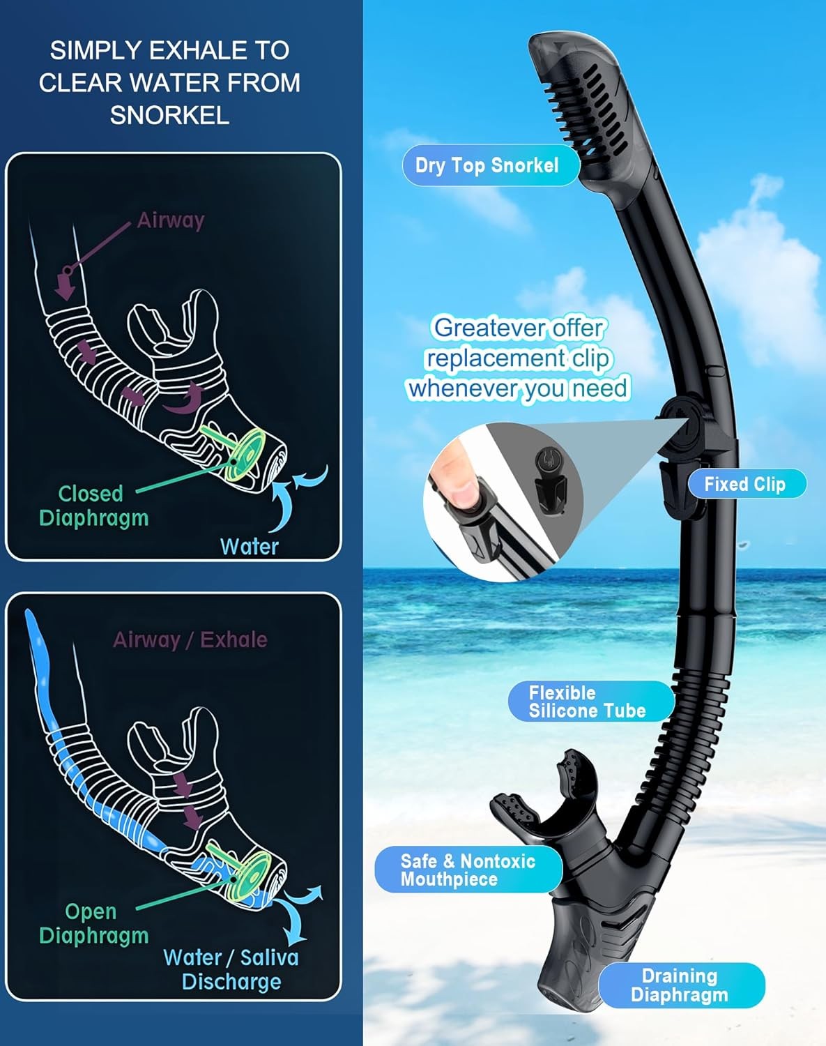 Greatever Dry Snorkel Set,Panoramic Wide View Anti-Fog Scuba Diving Mask,Profess