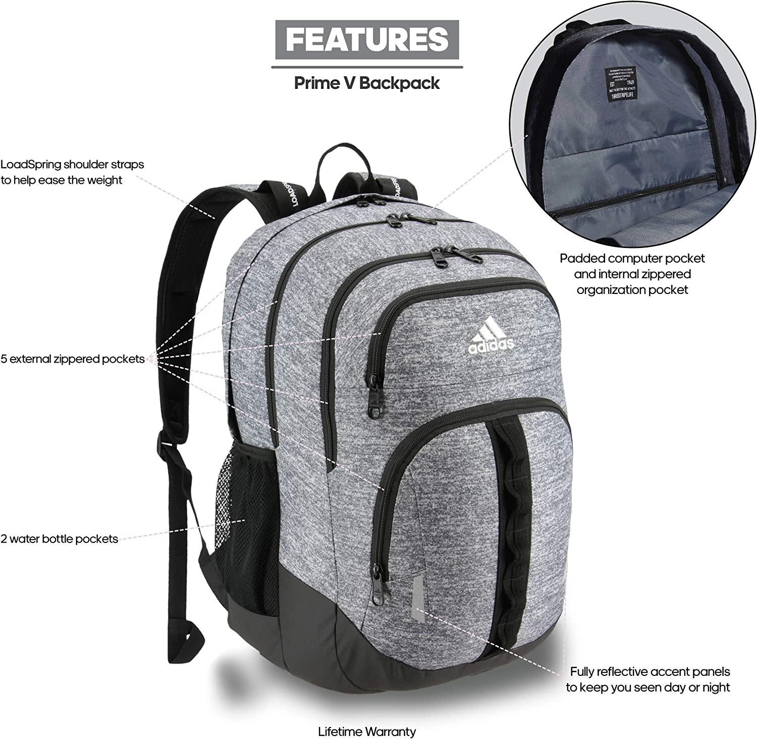 adidas Unisex Prime Backpack, Jersey One Size, Onix Grey/Black/White