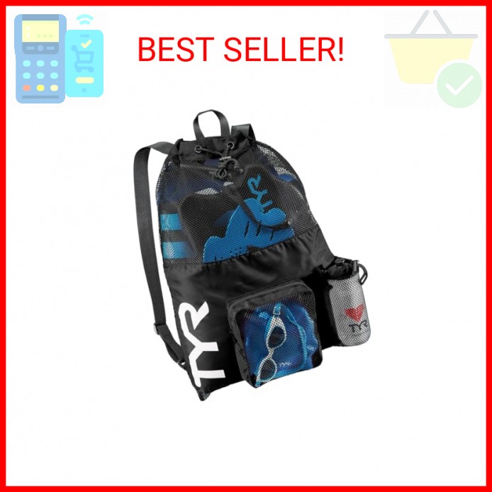 TYR Big Mesh Mummy Backpack for Swim, Gym and Workout Gear, Black, 40-Liter Capa