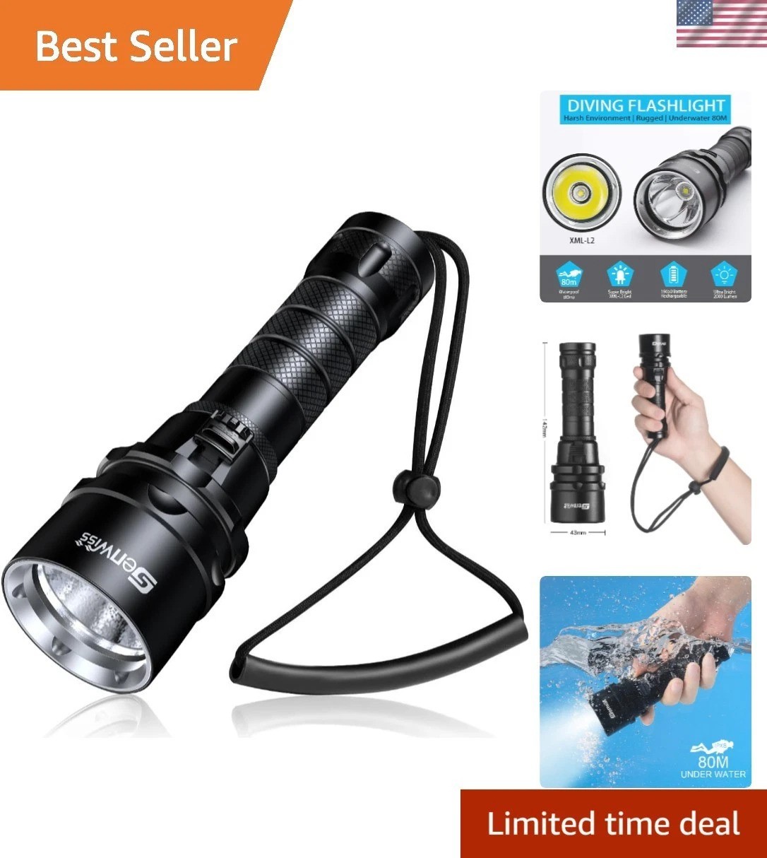 Compact Tactical LED Flashlight – 2000 Lumens for Underwater Exploration