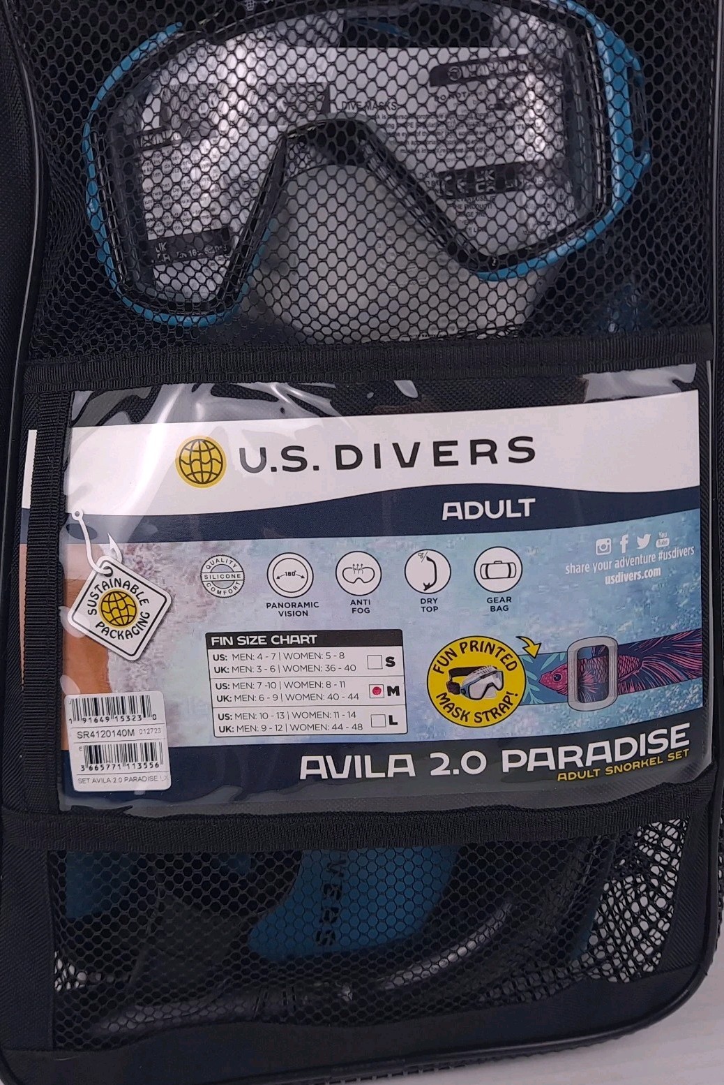 U.S. Divers Avila 2.0 Paradise Adult Snorkel Set Betta Black Blue Size Medium