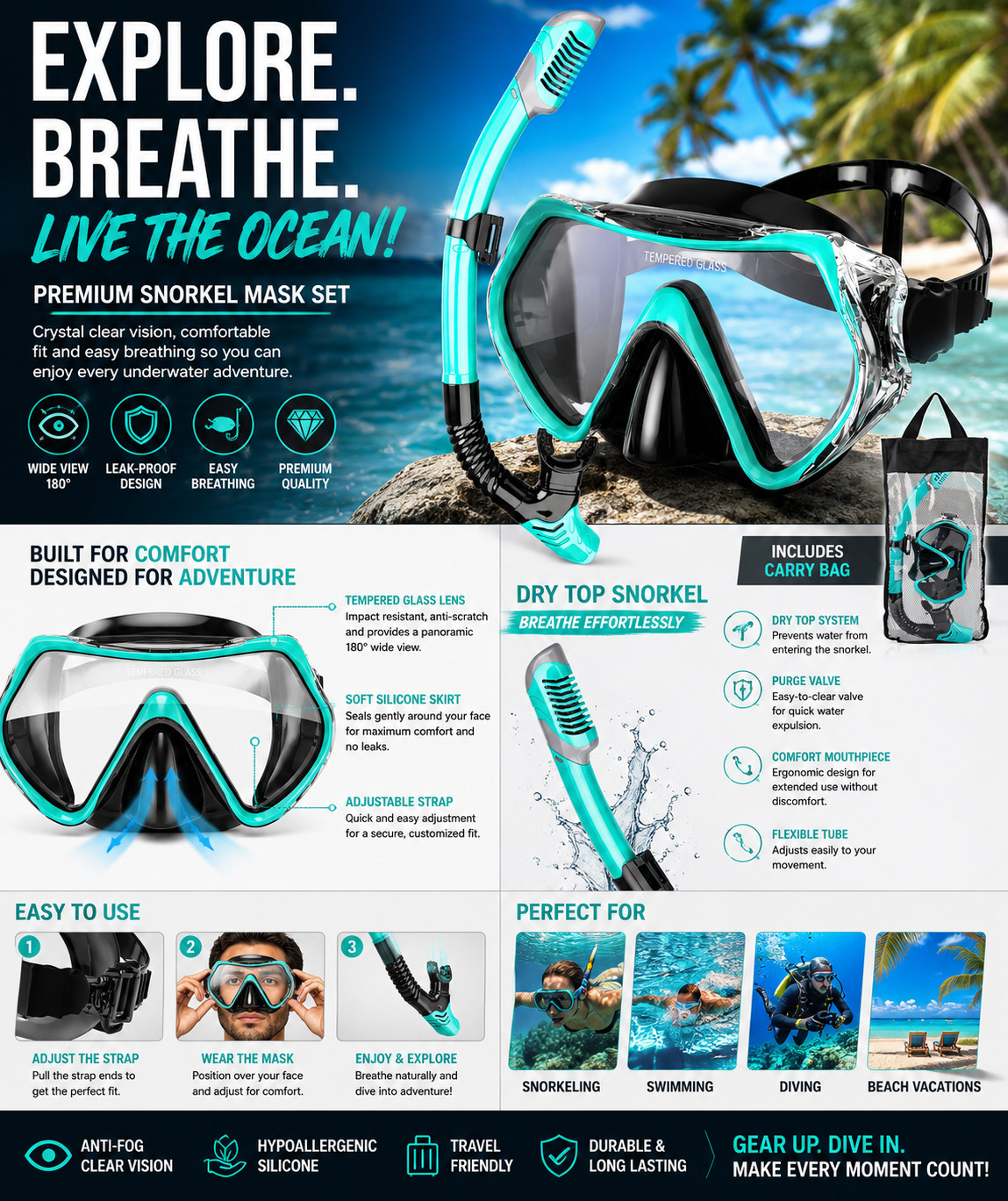 Snorkeling Gear for Adults, Snorkel Mask Adult Snorkel Set, Anti-Fog Scuba Divin