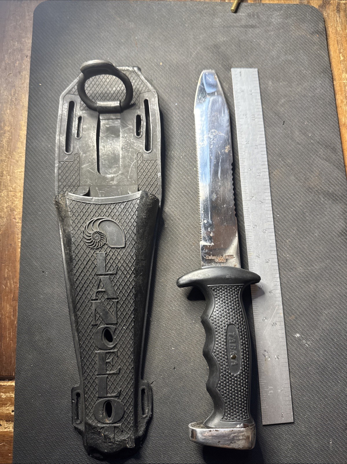 TABATA Stainless Steel Japan Diving Knife w/ Sheath, Broken Tip, Melted Sheath