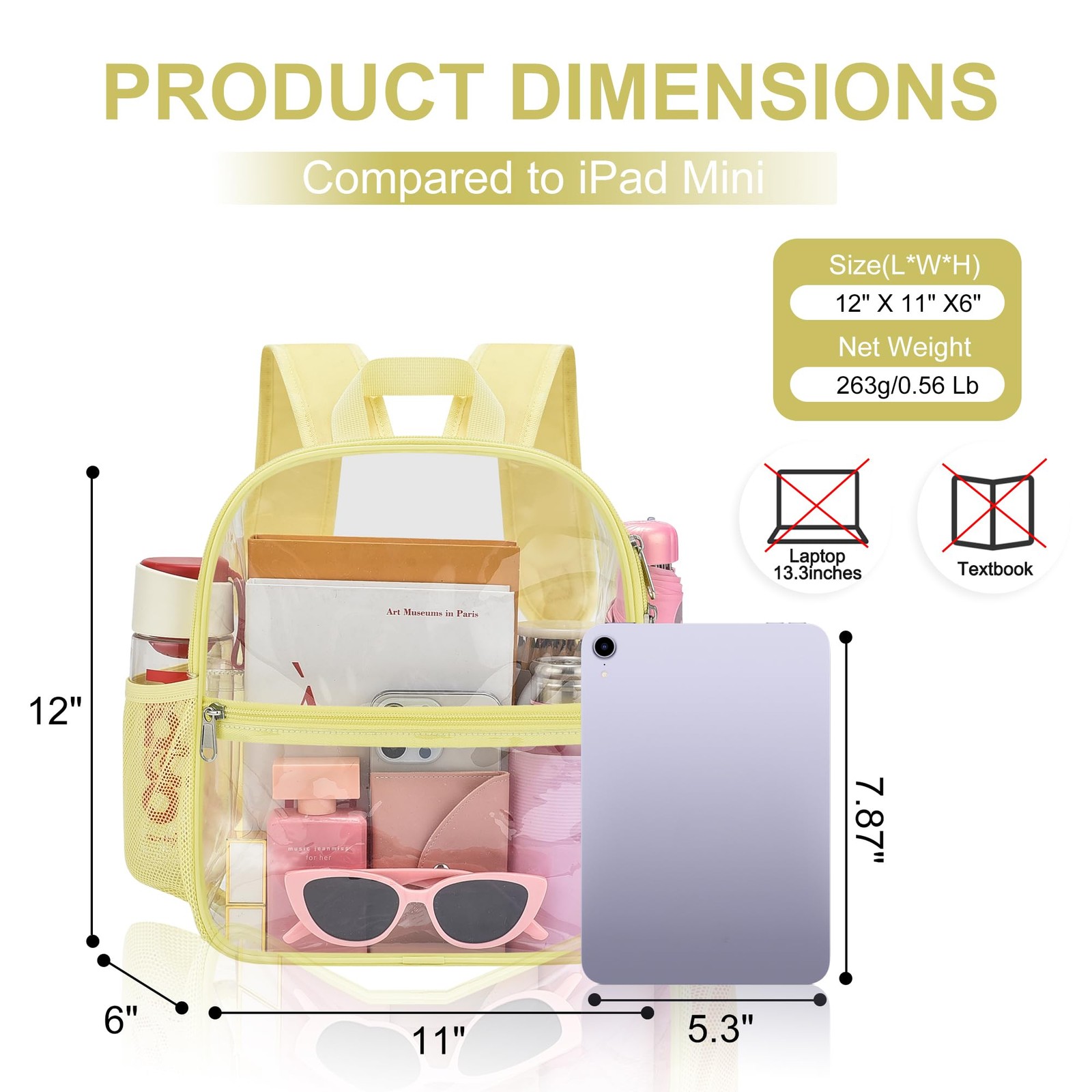Oraben Clear Backpack Stadium Approved, 12 x 6 x 11 in, Small, Yolk Yellow
