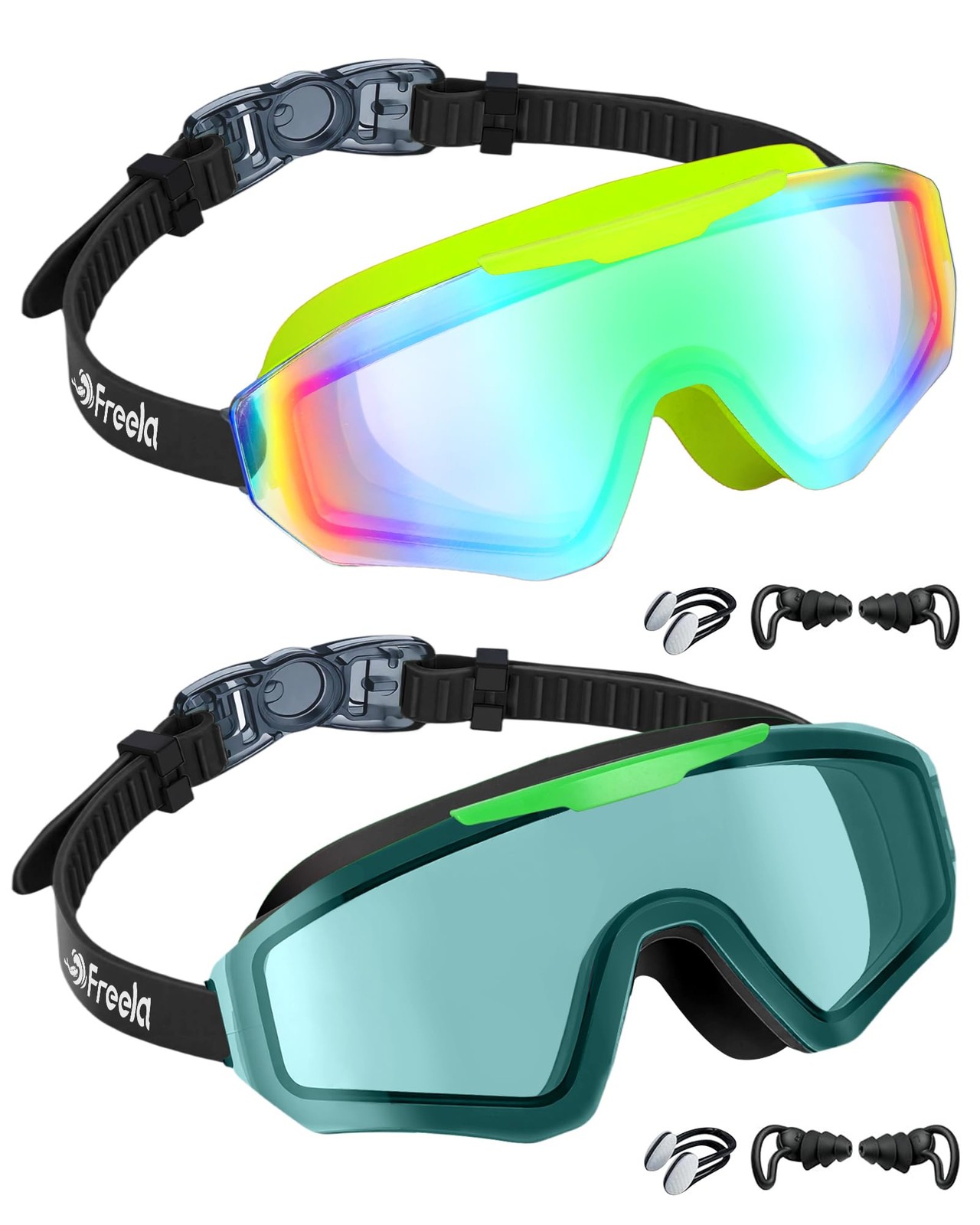 Freela 2 Pack Kids Swim Goggles for 6-14 8-12 One Size, Green-black＆black