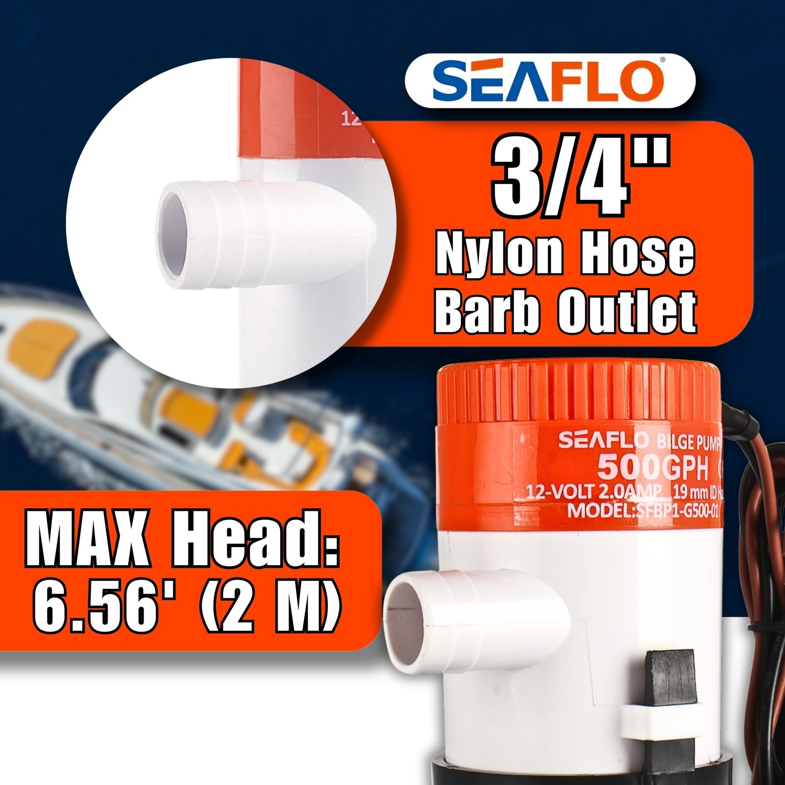 SEAFLO 01 Series 500 GPH Bilge Pump – 12V, 3/4″ Outlet, Marine Black