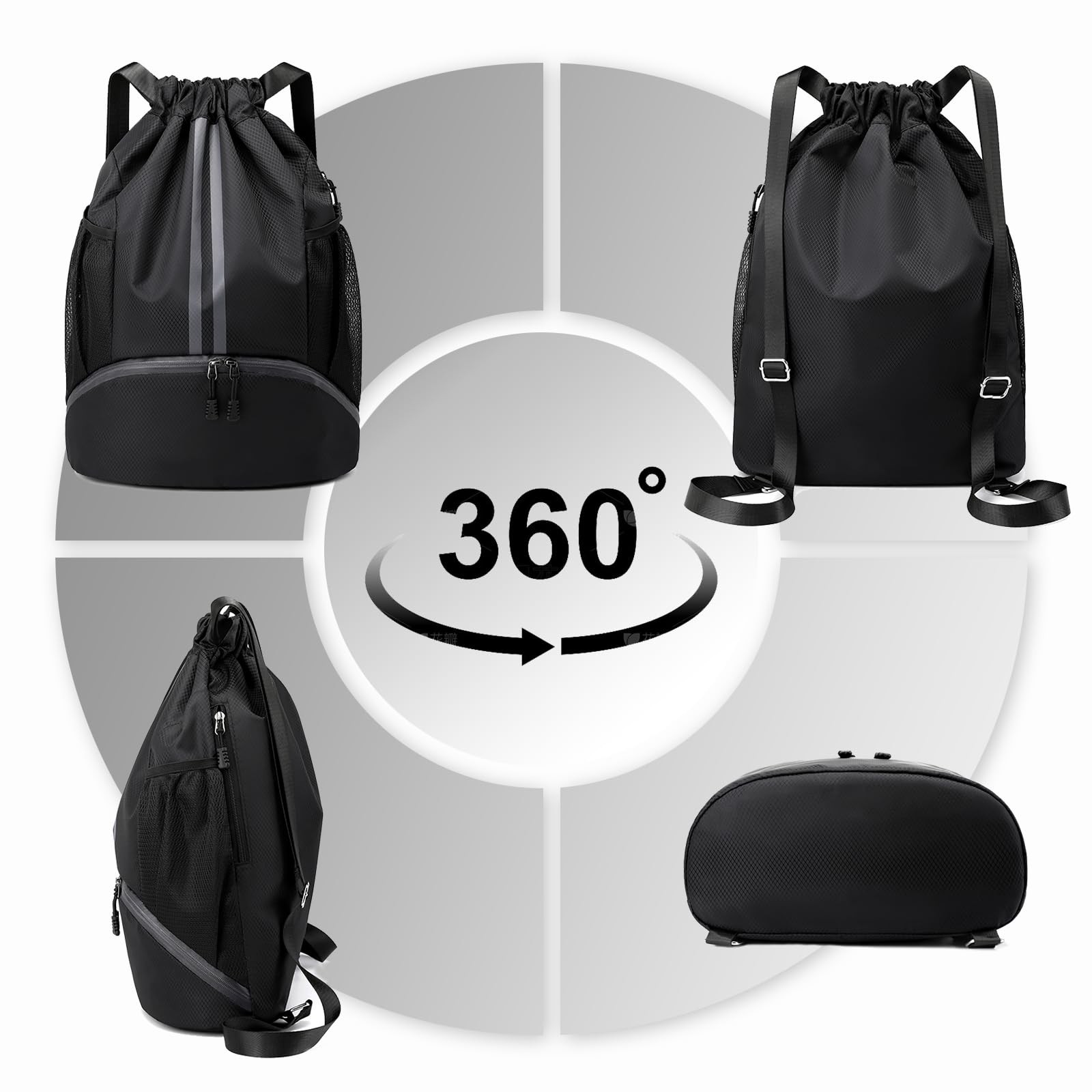 Hoedia Sports Drawstring Backpack – String Swim Gym Bag with Large, Black