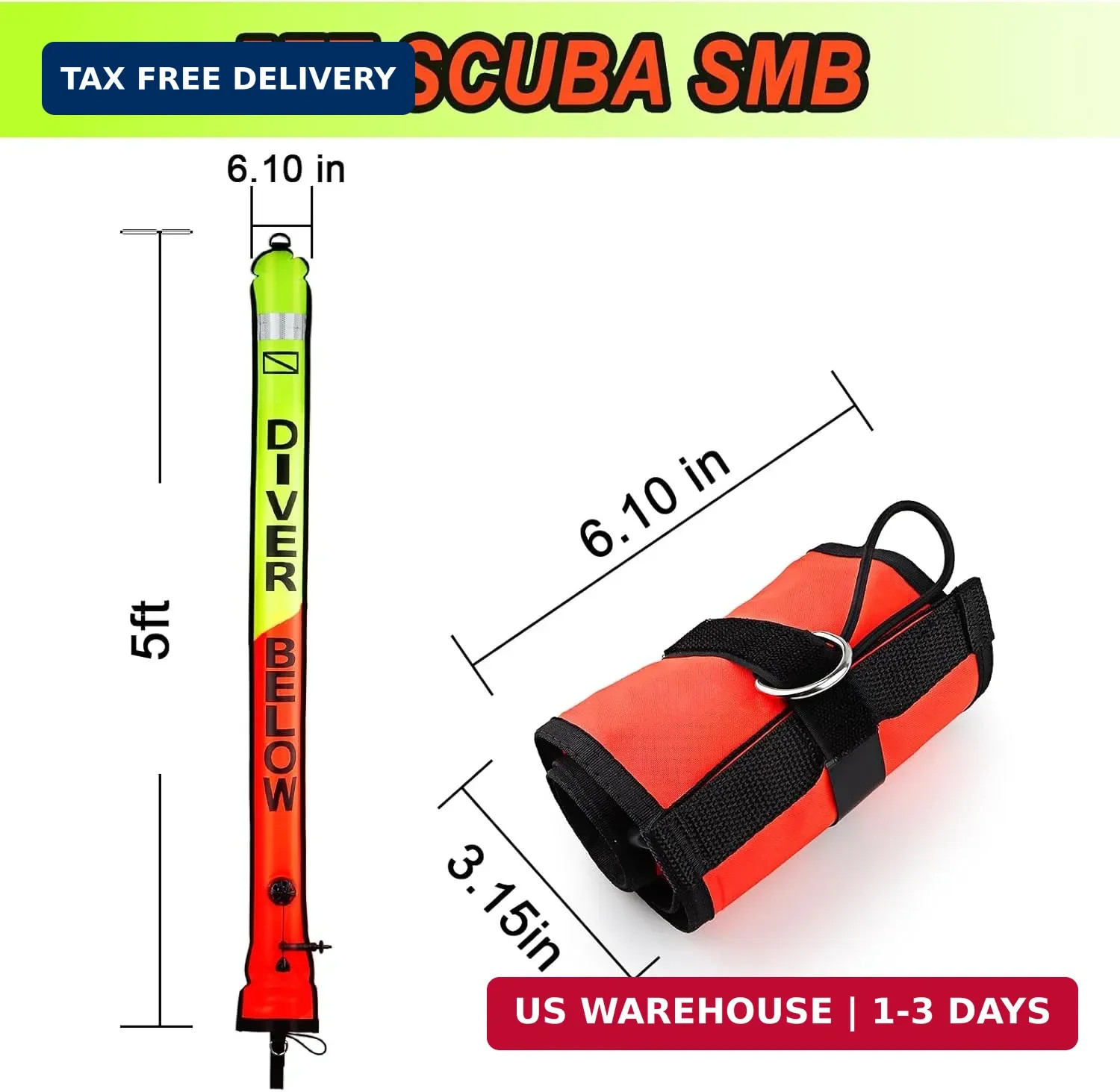 Surface Marker Buoy, 5ft Scuba SMB High Visibility Open Bottom Dive Buoy with Or