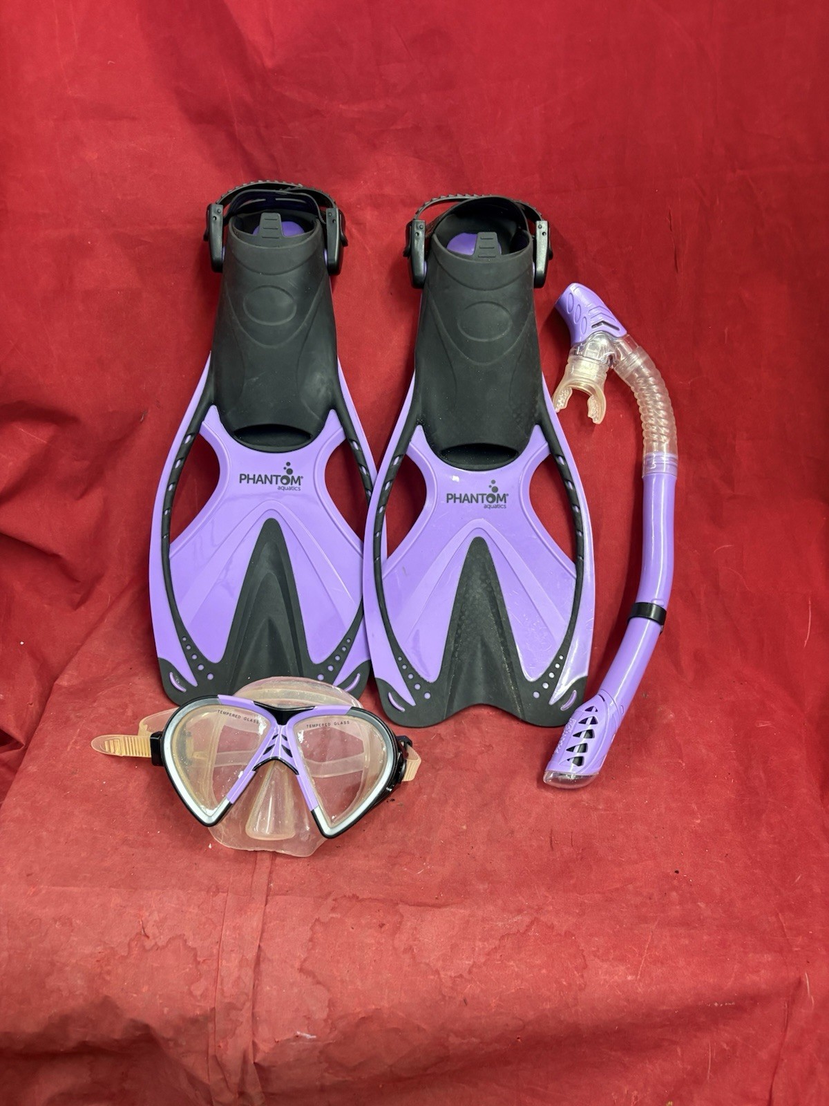 Snorkel Gear: Phantom Aquatics snorkeling set in a purple and black color scheme