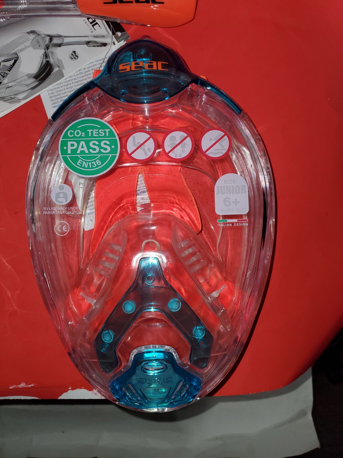 Seac Blue Orange Anti Fog Full Face Snorkeling Mask Exhaust Valve Junior 6 + NEW