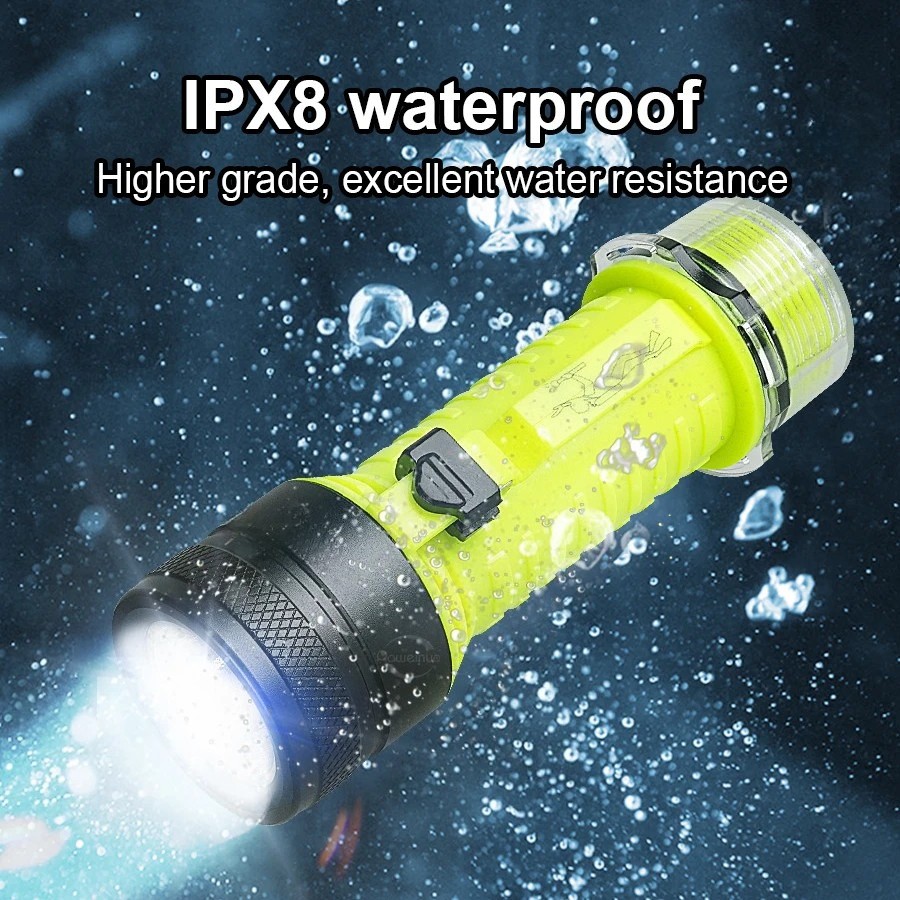Professional Diving Flashlight IPX8 USB Rechargeable Light Scuba Diving Torch