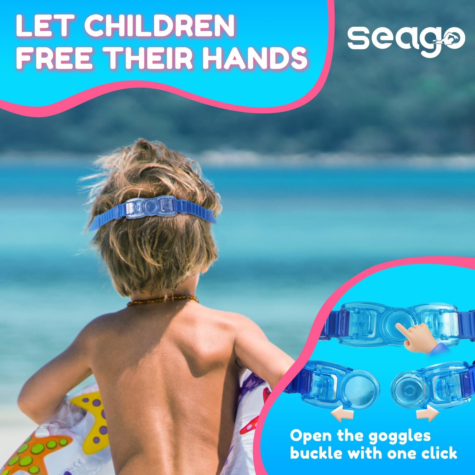 Seago Kids Swim Goggles 2 Pack for 3-12, One Size, Pink Green & Blue White