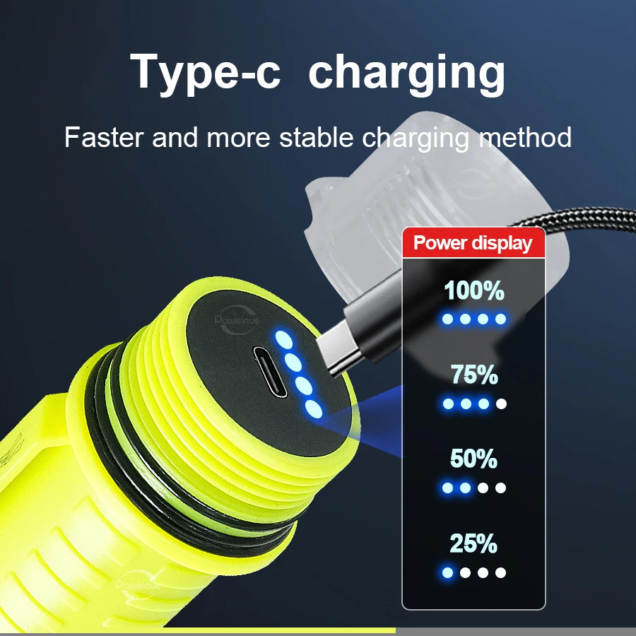Professional Diving Flashlight IPX8 USB Rechargeable Light Scuba Diving Torch
