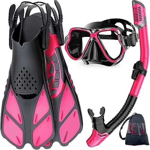 Mask Fins Snorkel Set, Snorkeling Gear for Adults, Small-Medium Pink Black