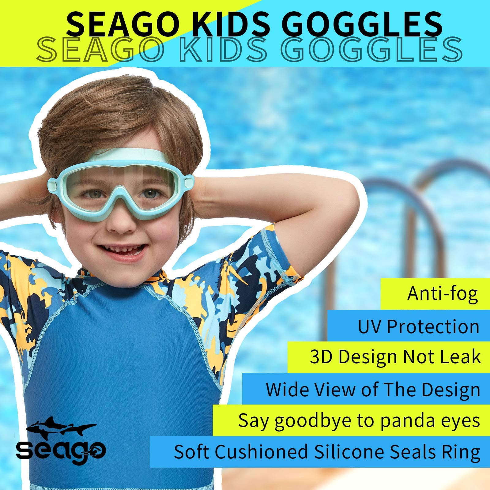 Seago Swim Goggles 2 Pack Anti-Fog 7.08*2.8*2.6in, Light Blue & Black/Green