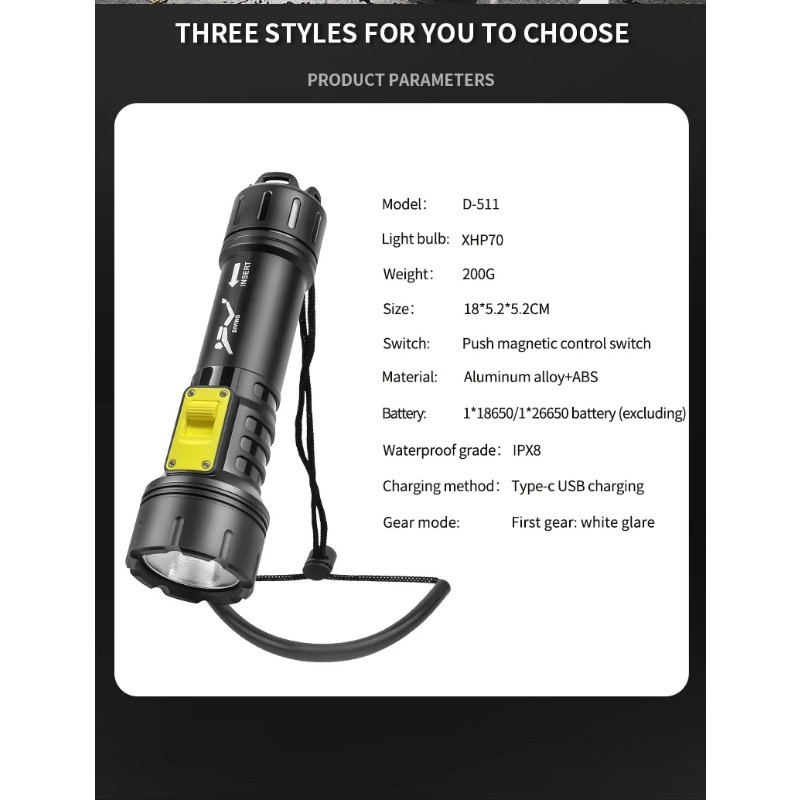New P70 Diving Flashlight IPX8 Waterproof Digital Charging Case Underwater Torch