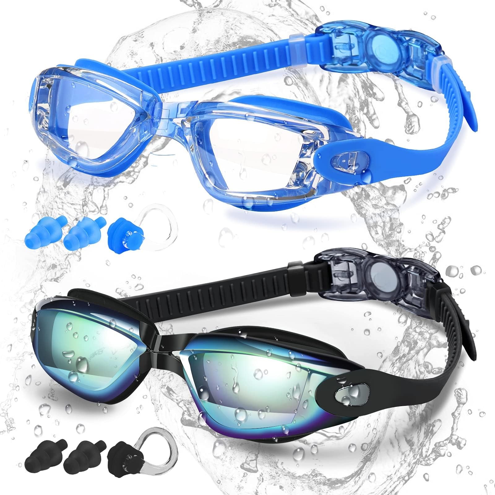 COOLOO Swim Goggles, 2 Pack Goggles Swimming Adult A.black Yellow & Blue