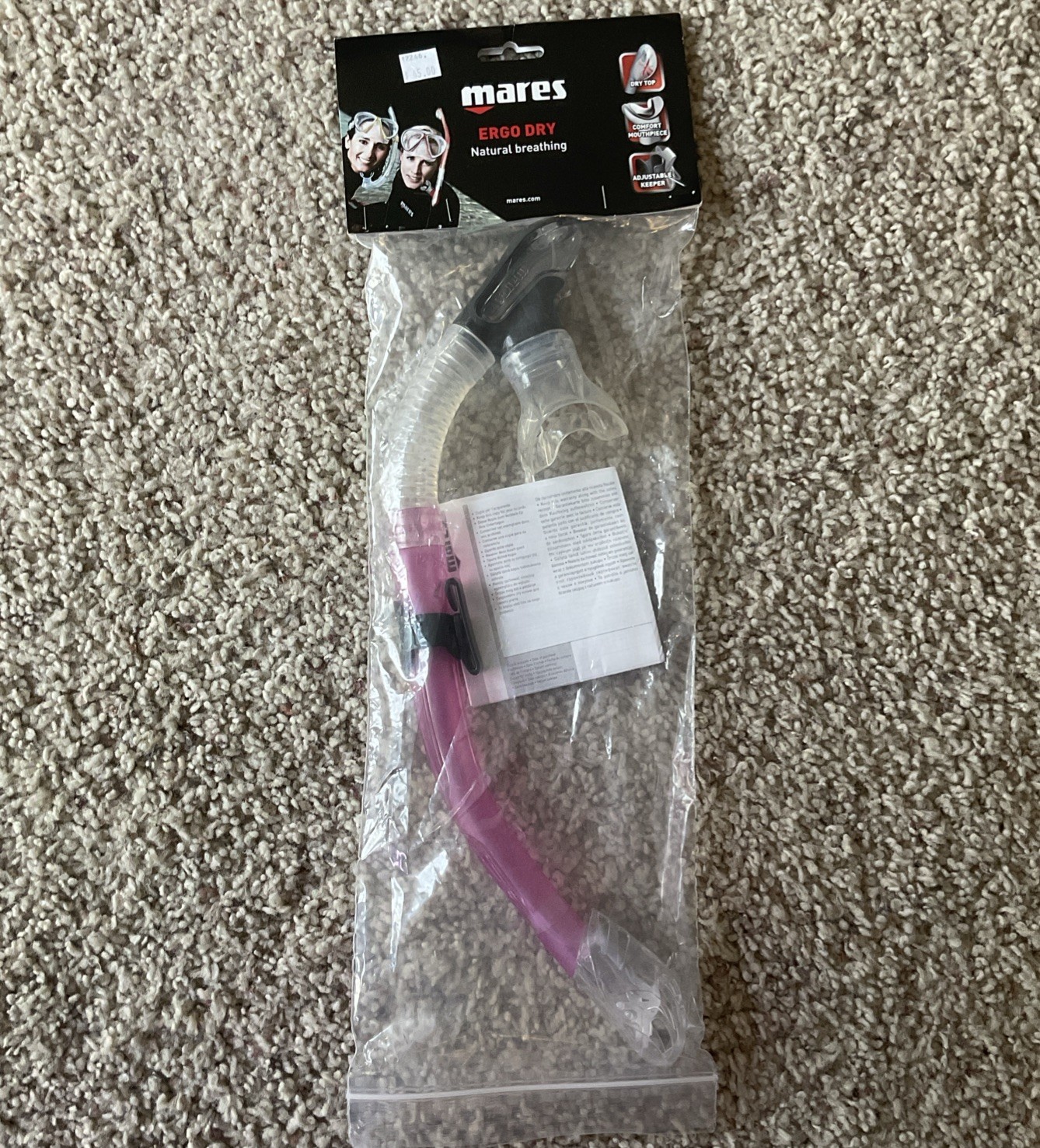Mares Ergo Dry Scuba Diving and Snorkeling Snorkel Clear & Pink