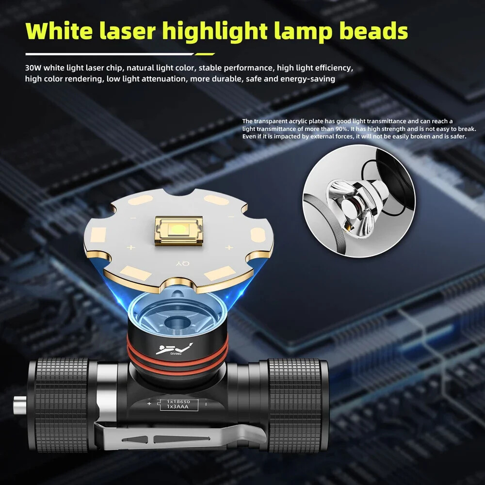 LED Dive Headlight High Lumen IPX8 White Light High Power Head Flashlight 100M