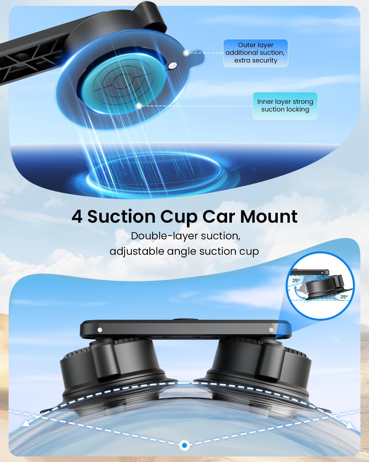 Maectech Four Suction Cup Car Mount Kit for Insta360 Black