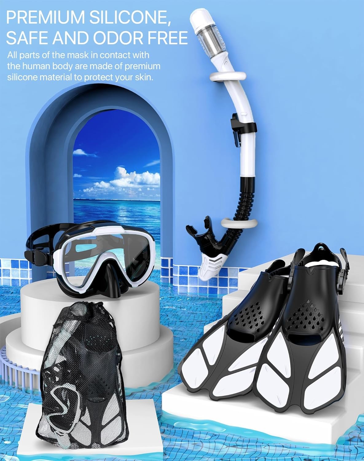 Snorkeling Gear for Adults Men Women,4 in 1 Snorkel Set with ML/XL, WHITE
