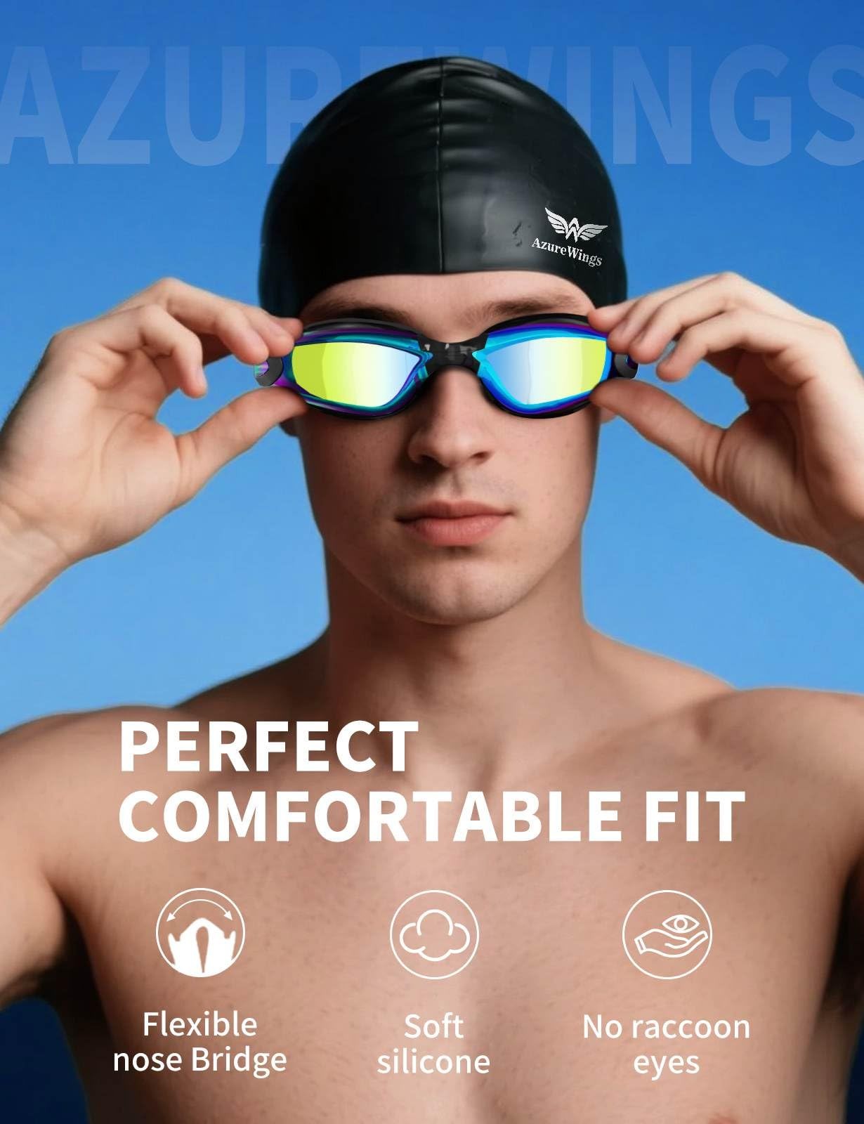 AzureWings 7 in 1 Swim Goggles + Cap One Size, Black-electroplate-gold