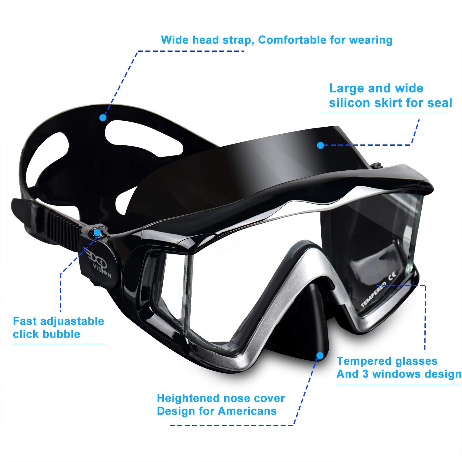 Adult Pano 3 Window Scuba Diving , Tempered Glass Snorkel Anti-Fog Swim No Le…