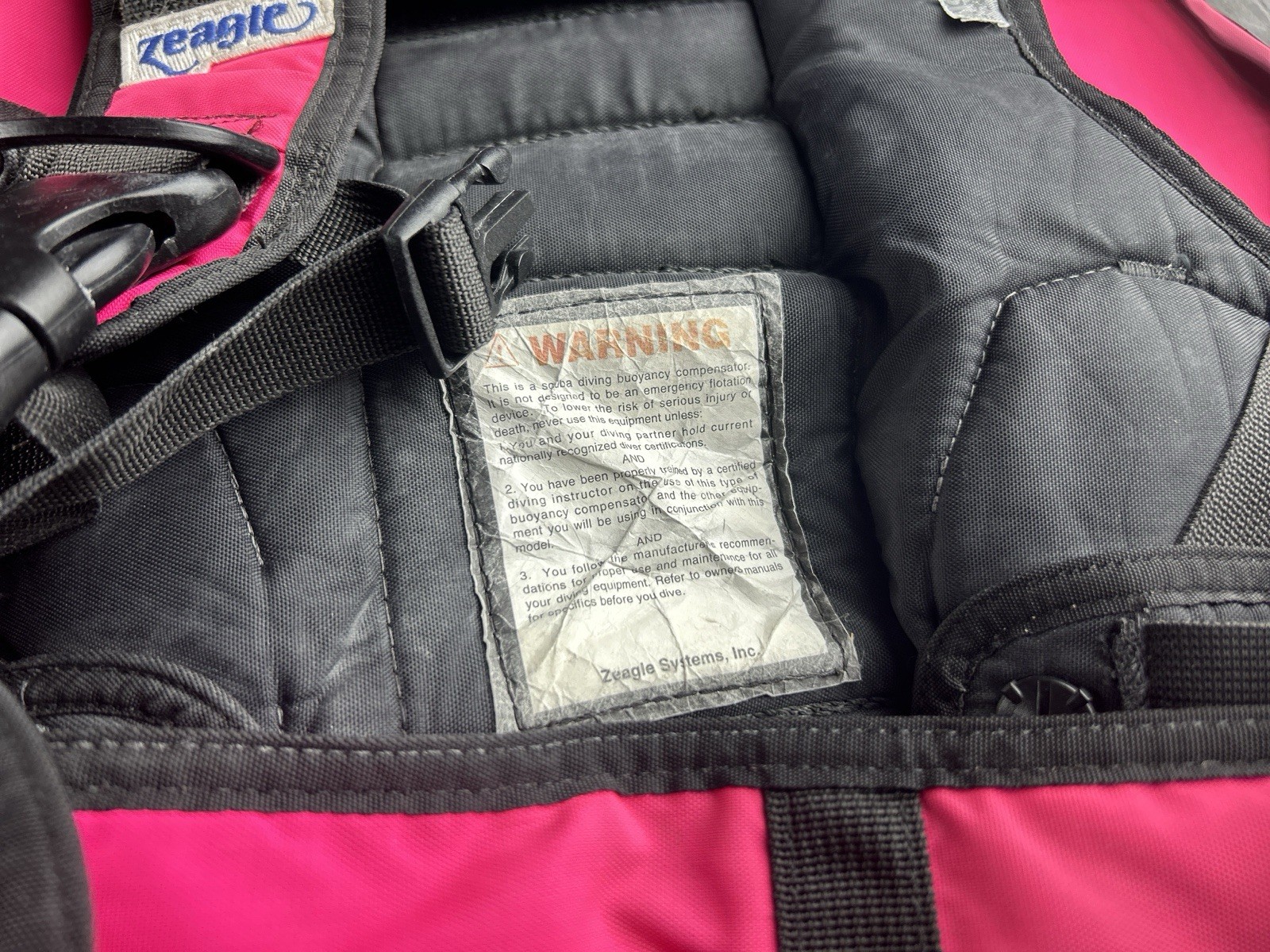 Zeagle System Scuba BCD Vest Size S Black/Pink w/ Inflator Hose & Pockets
