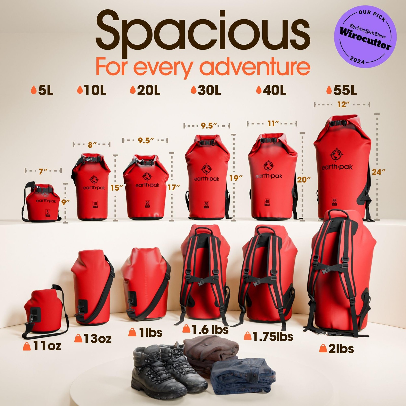 Earth Pak Waterproof Dry Bag – Roll Top Backpack Sack 30L, Red