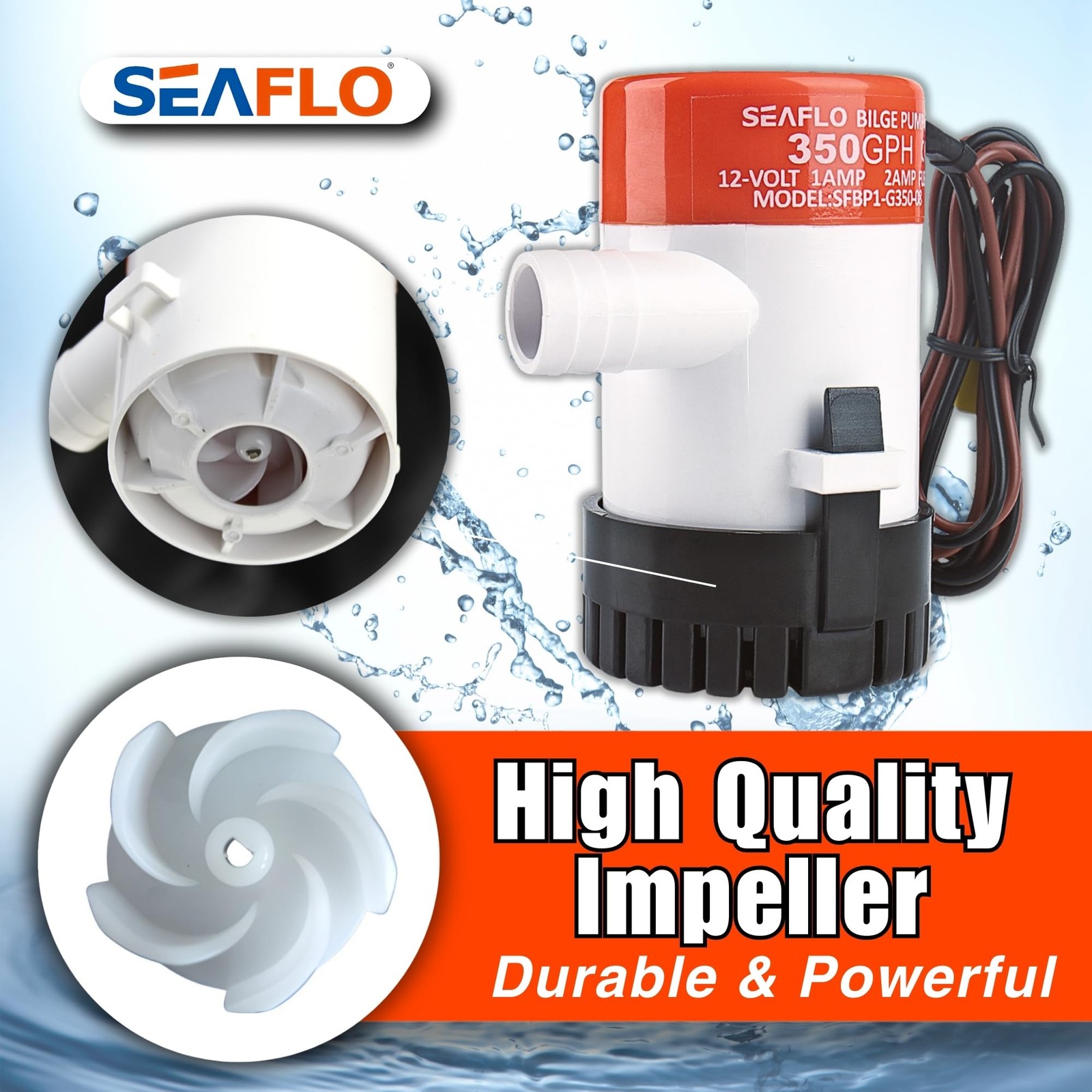 SEAFLO 01 Series 350 GPH Bilge Pump – 12V, 3/4″ Outlet, White, Orange, Black