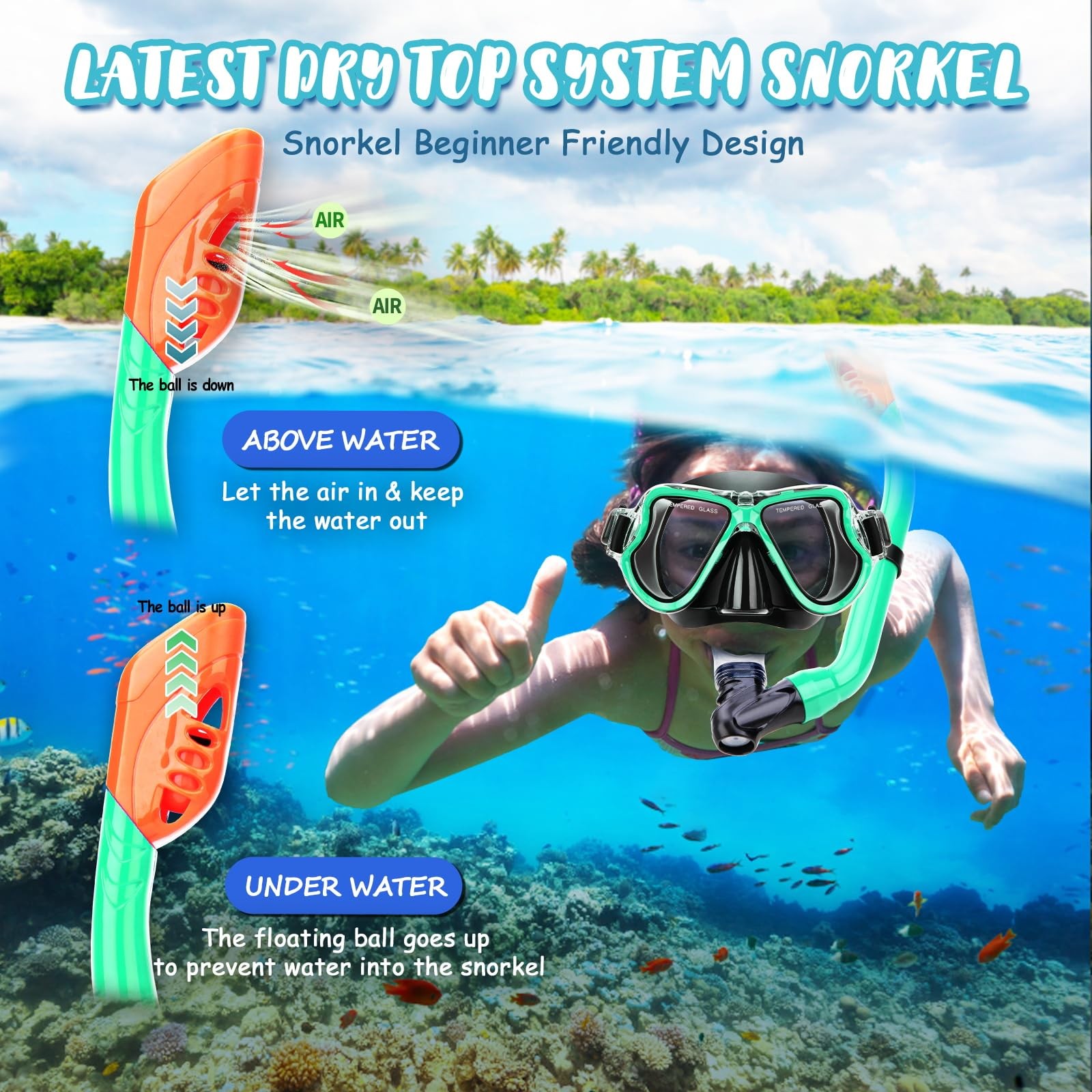 CTSAYTL Snorkeling Gear for Kids, 4 1-4(32-36) With Fins, Turquoise-(4 in1)