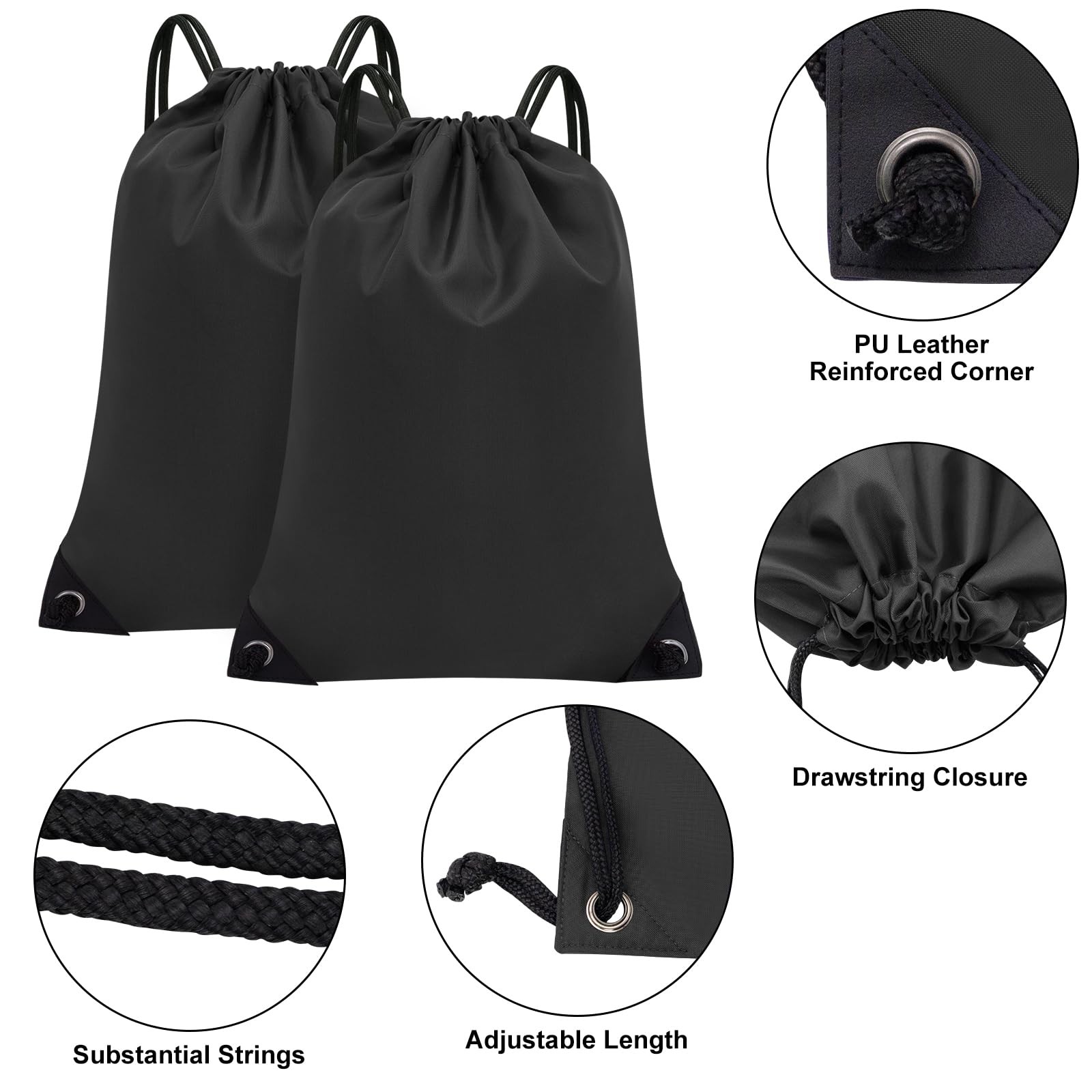 CALACH 2PCS Drawstring Bags Bulk, String Backpack for Men Women, Large, Black