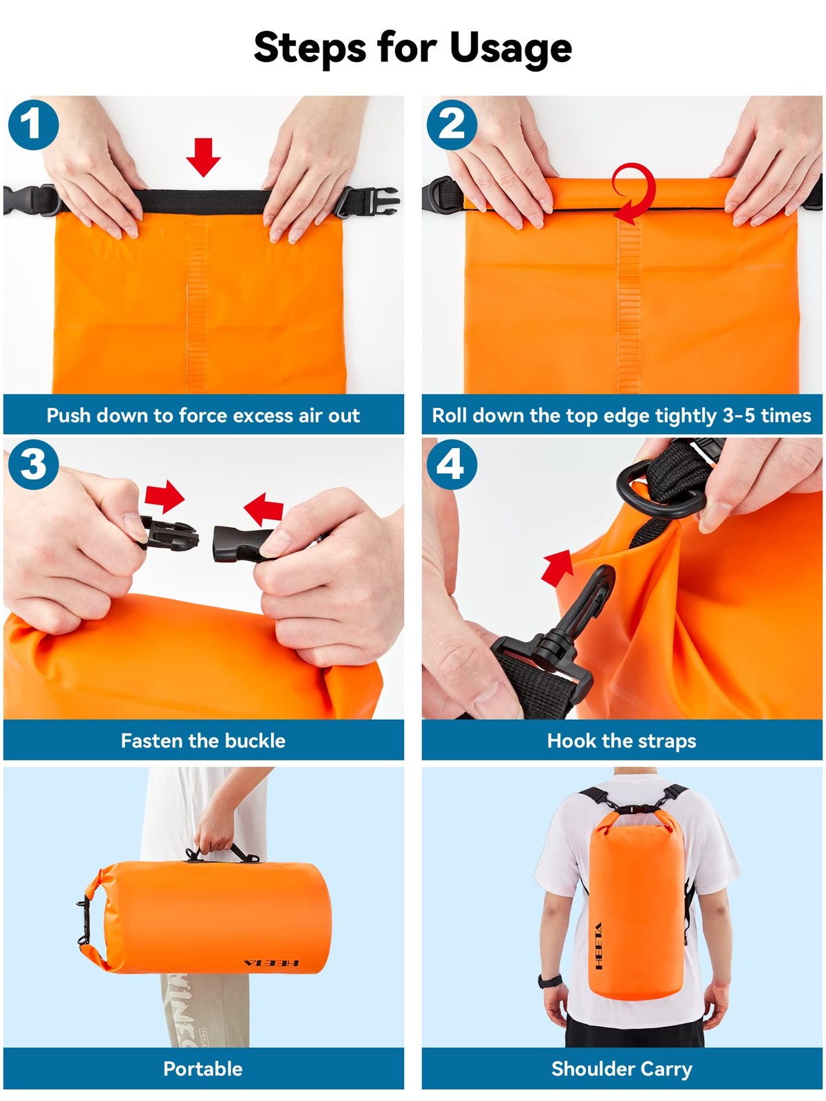 HEETA Waterproof Dry Bag for Women Men, Roll Top Lightweight 10L, Orange