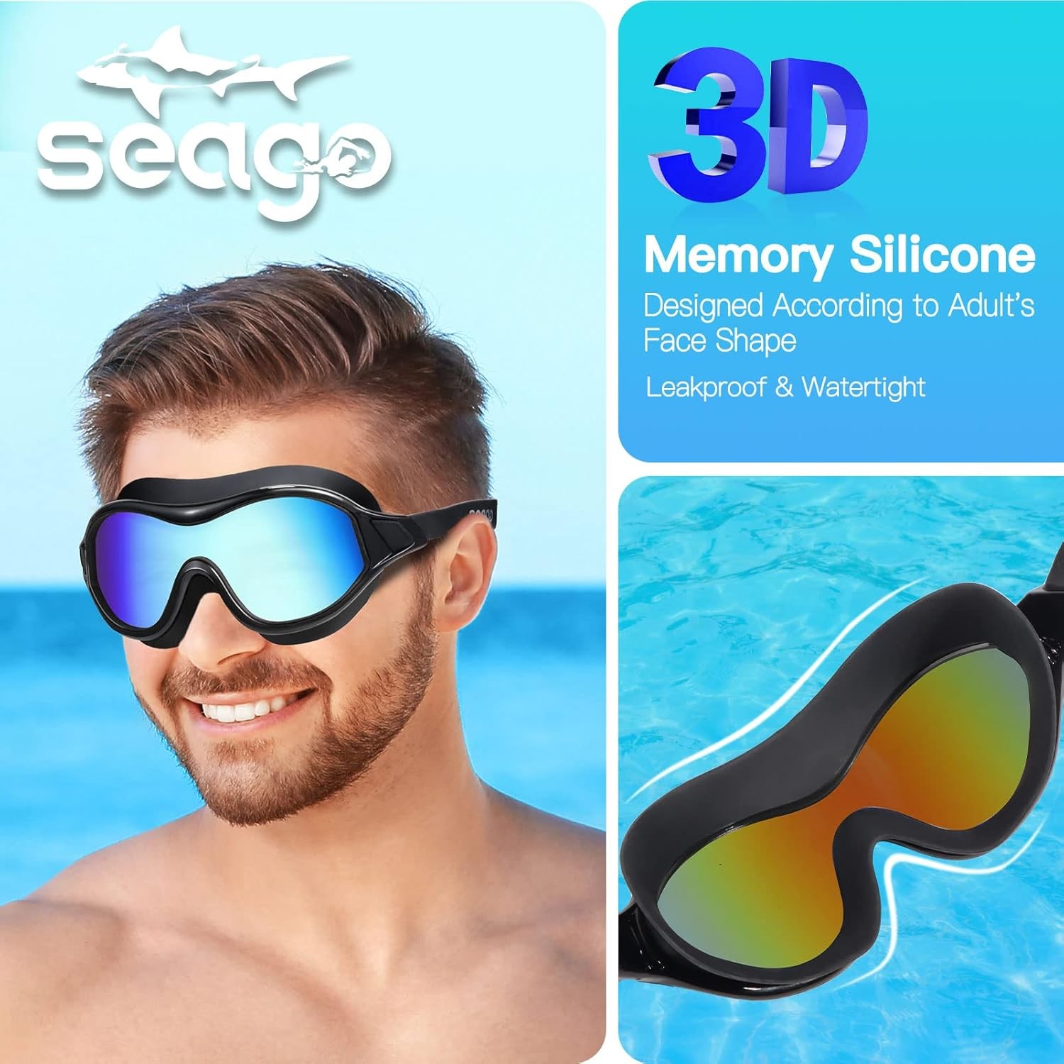 Swim Goggles No Leaking Anti-Fog Pool Black With Mirrored Blue