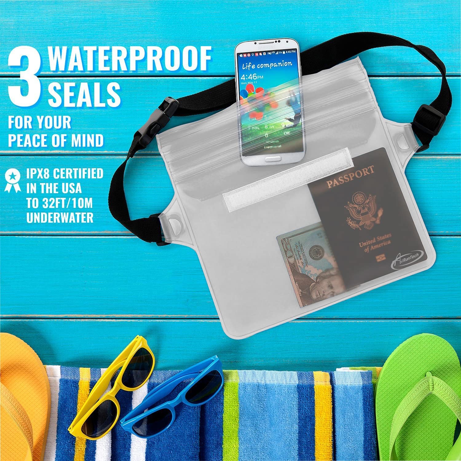 AiRunTech Waterproof Pouch with Waist Strap 2 pack fanny pack, Clear +