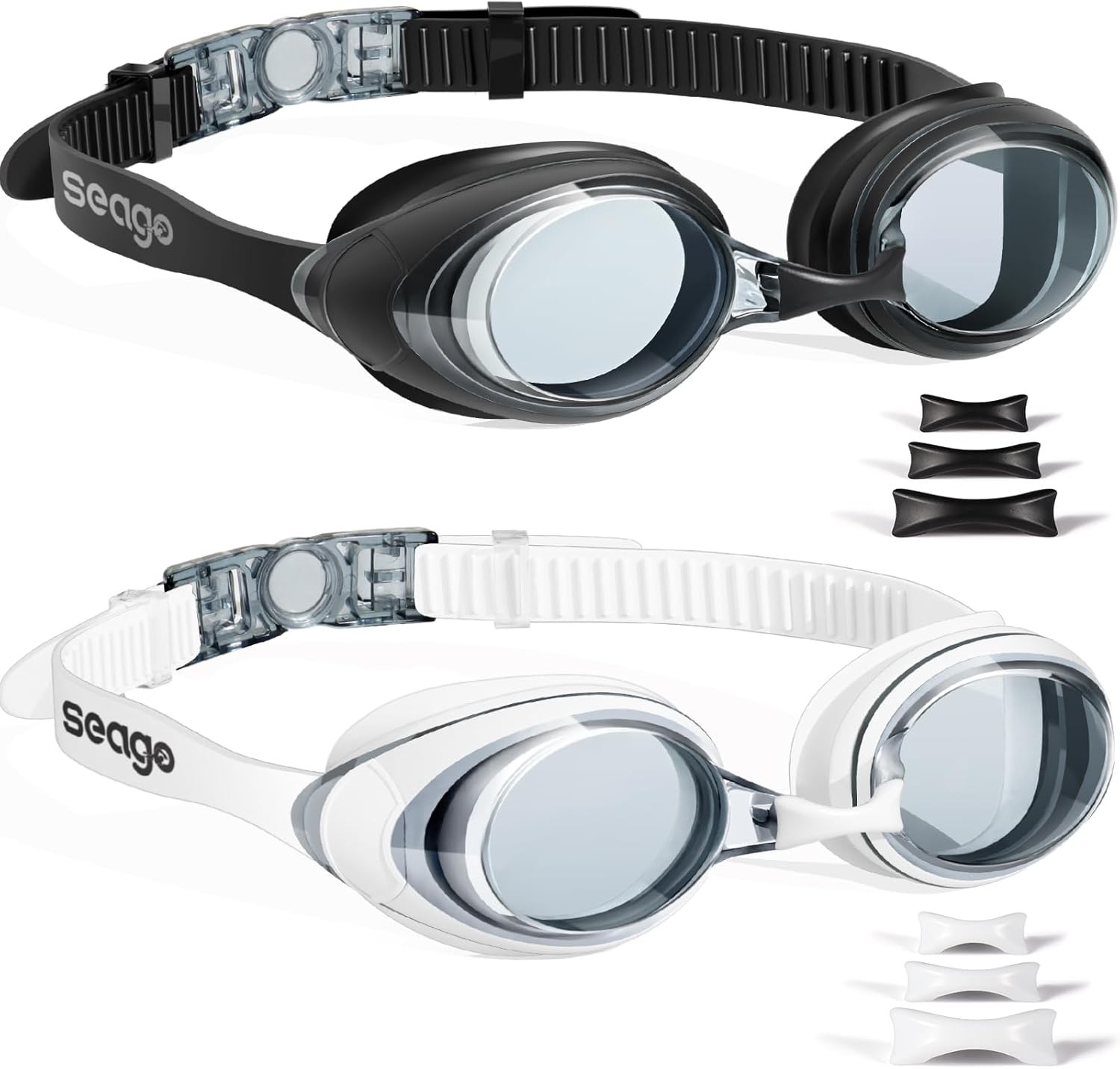 Seago 2 Pack Swimming Goggles Anti-fog Anti-UV Silicone Black & White