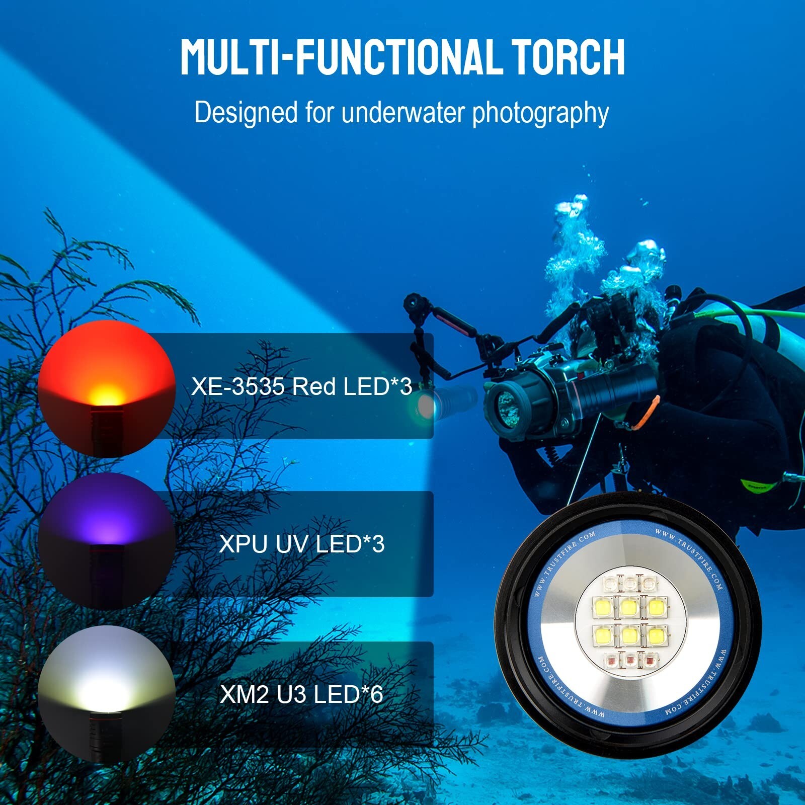 Trustfire DF50 6500lm Scuba Cave Diving LED Lights Video Camera Lamp 70M Depth