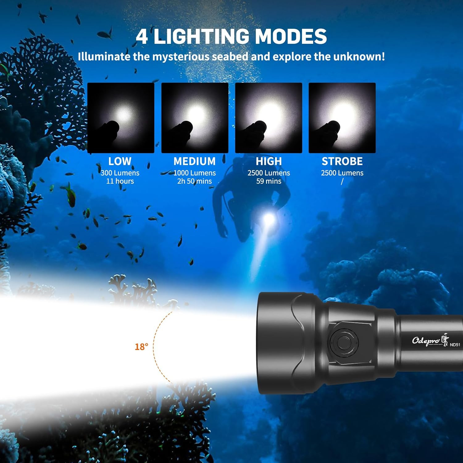 ND51 2500 Lumens Super Bright Dive Light with 4 Modes, Scuba Diving Torch with B