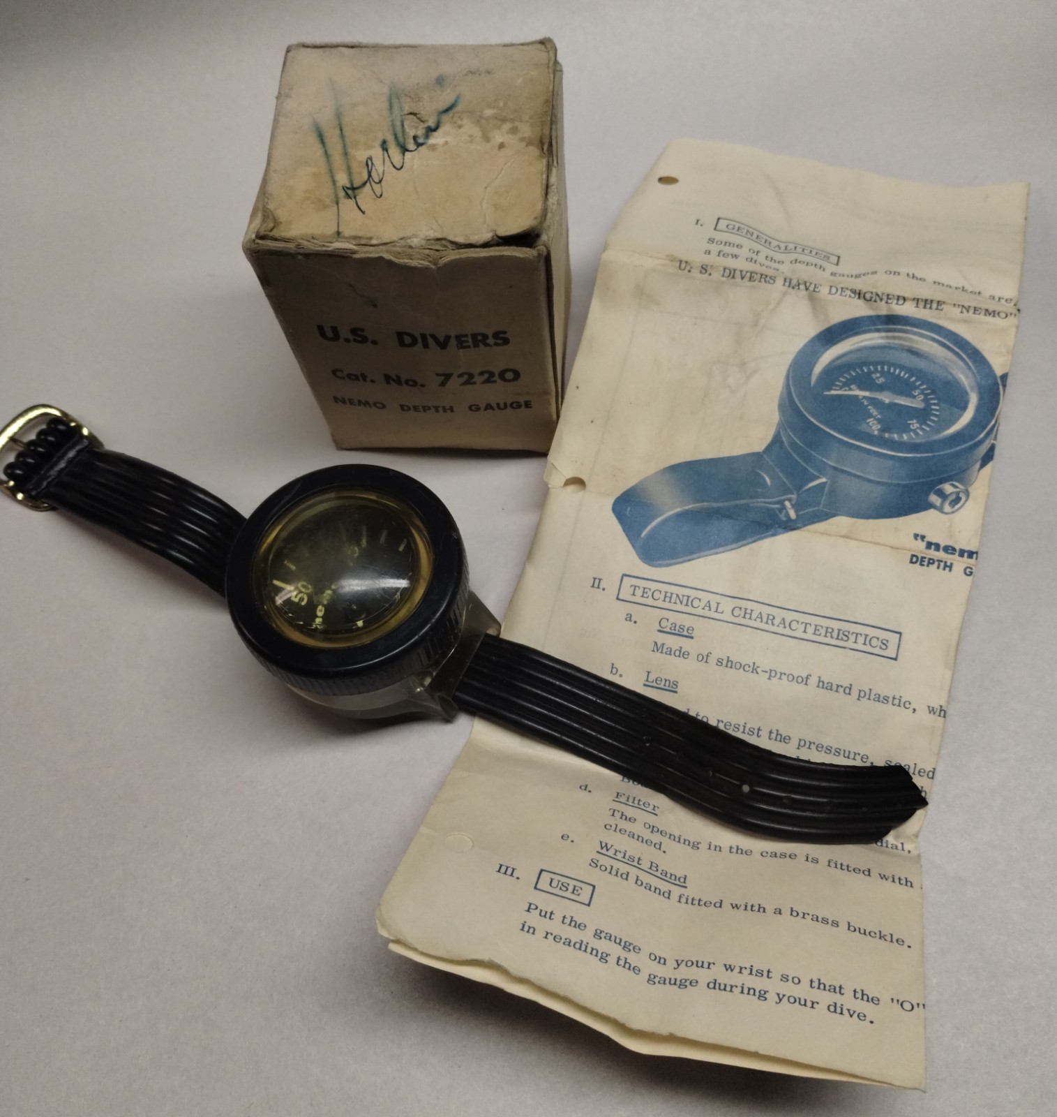 Vintage U.S. DIVER Cat No 7220 NEMO DEPTH GAUGE in Box w/Instructions UNTESTED