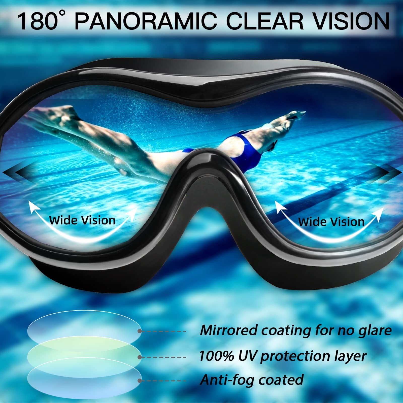 Seago Swim Goggles No Leaking Anti-Fog One Size, Black With Mirrored Blue