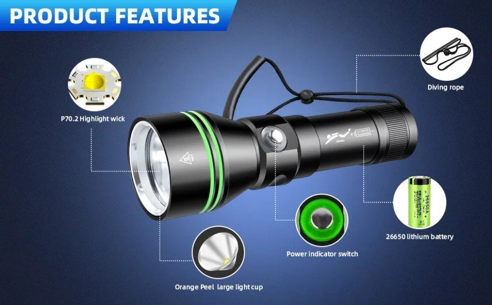 80M Underwater LED Diving Flashlight IPX8 Waterproof Scuba Dive Torch Light
