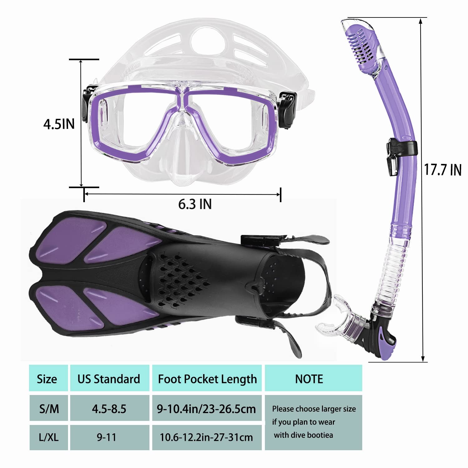 DiVLMT Snorkeling Gear for Adults with US Men 9-13 | Lady 10-14, Purple