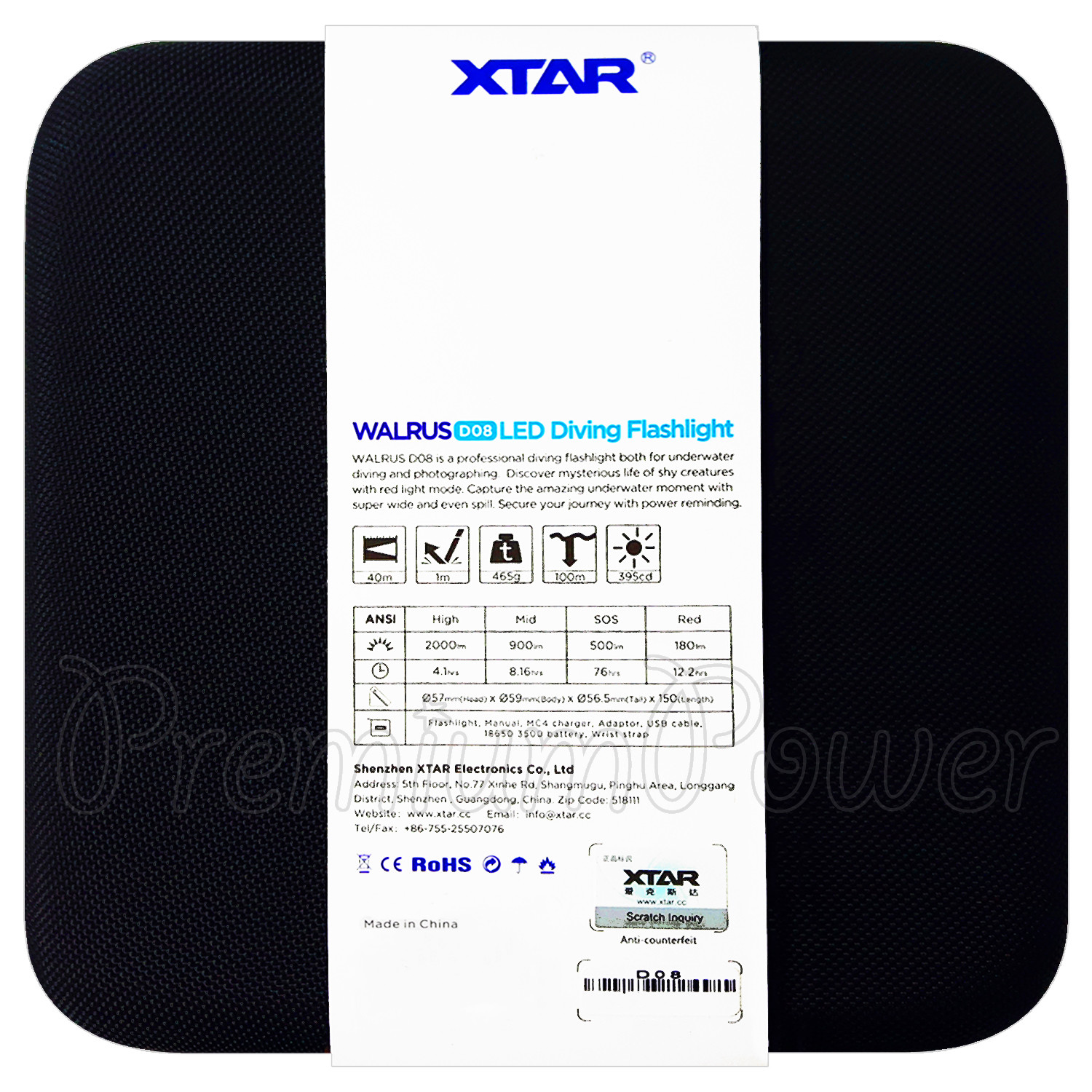 XTAR Walrus D08 Diving Flashlight LED 2000 lumens Photo Torch MC4 Charger Kit