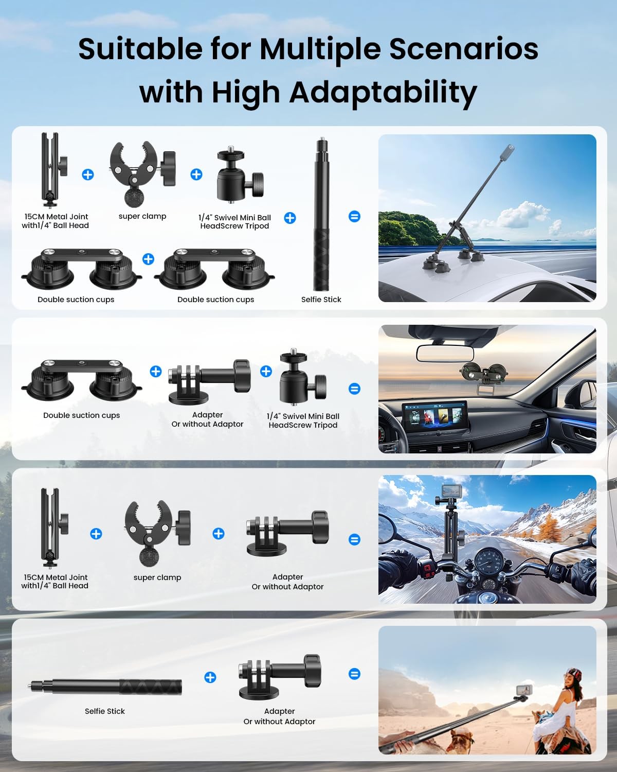 Maectech Four Suction Cup Car Mount Kit for Insta360 Black