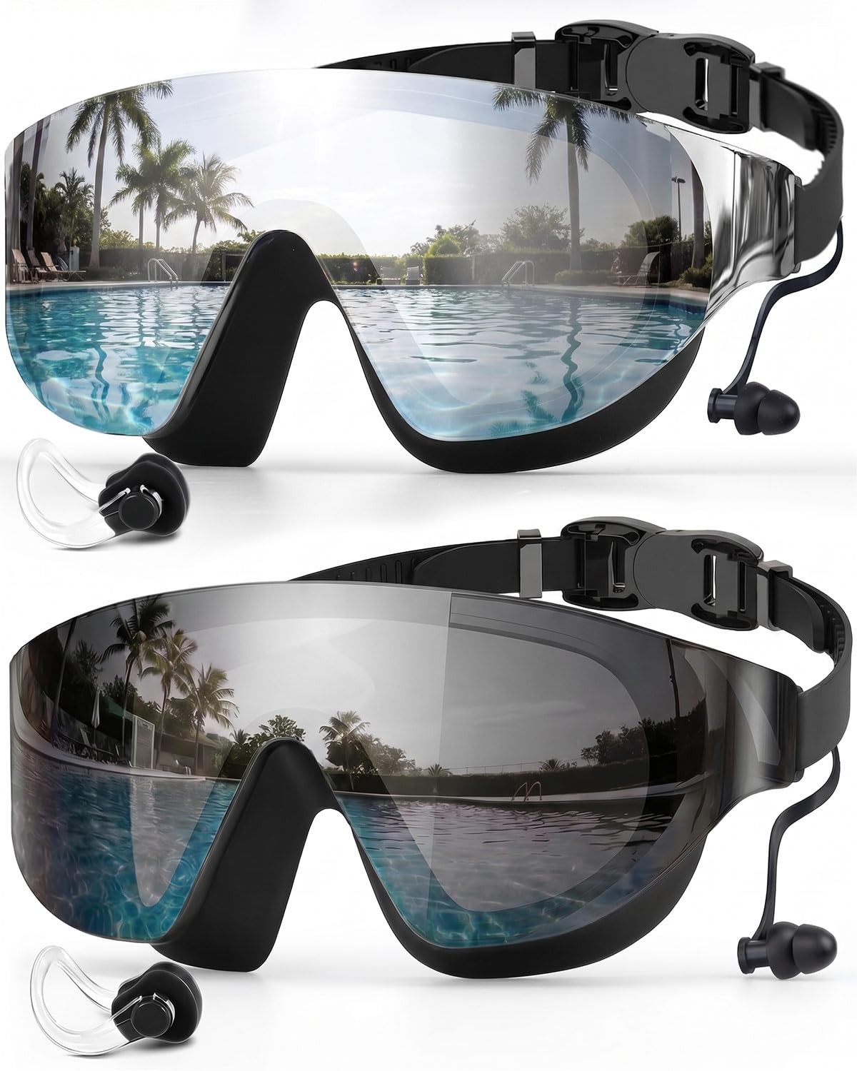Zoomsnail Swim Goggles 2 Pack, Rimless Wide View One Size, Silver & Black