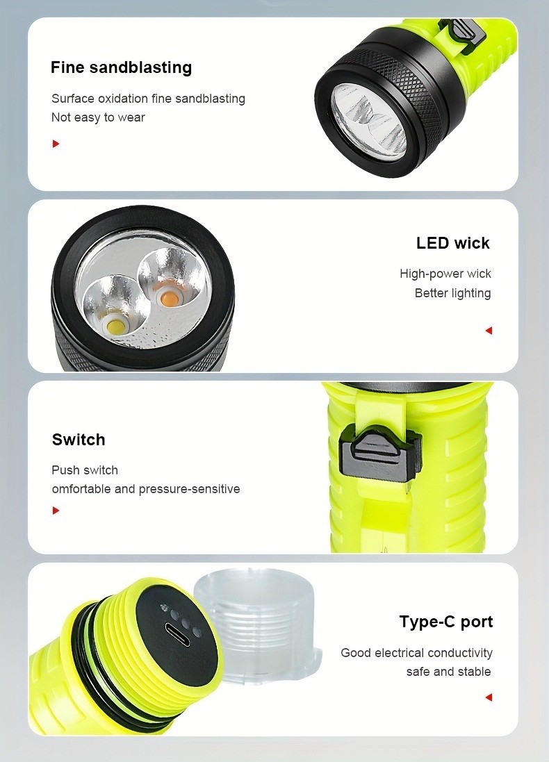 White/Yellow Light Diving Flashlight Scuba Underwater 100M Rechargeable Lantern