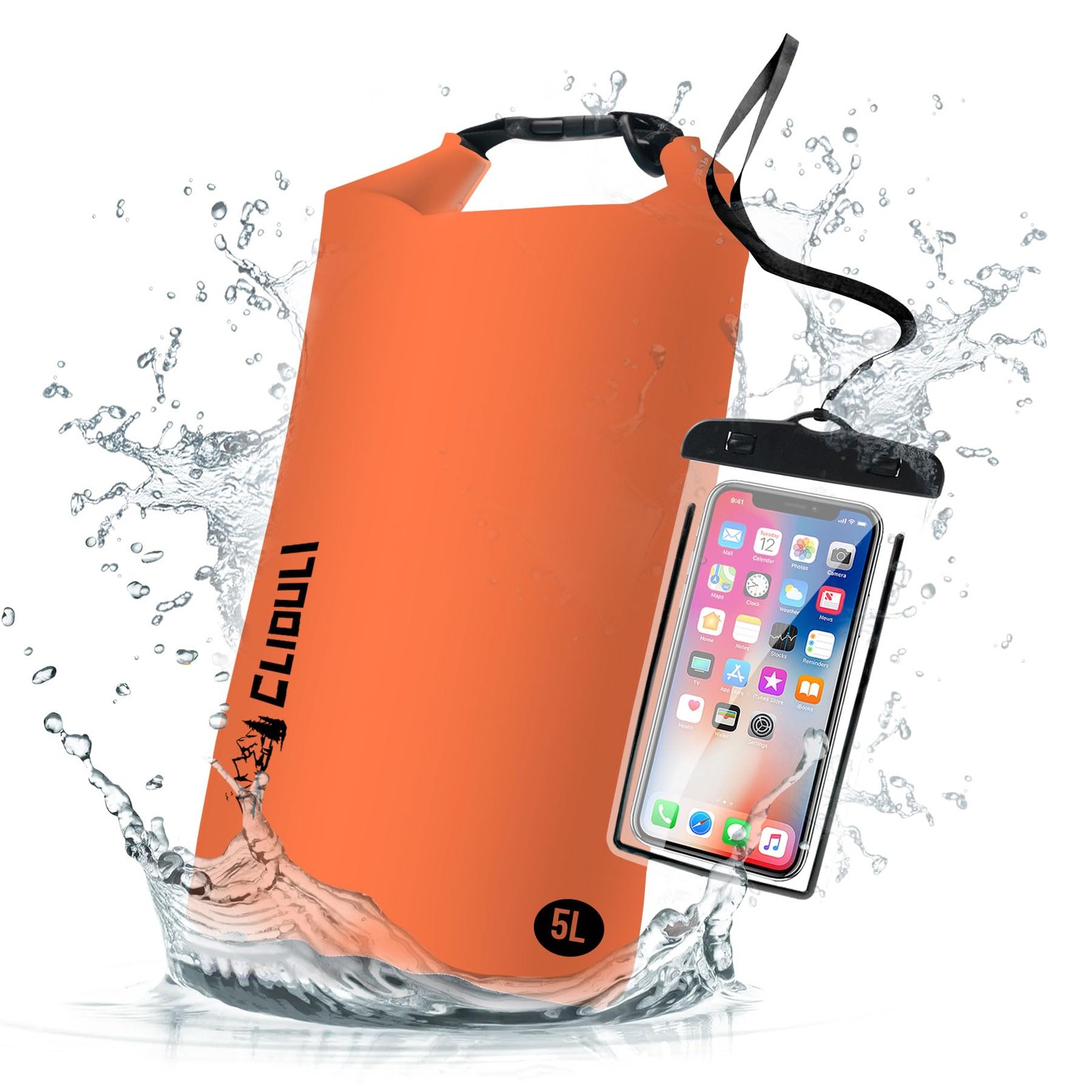 Cliduli Waterproof Dry Bag,Roll Top Orange Small 5L, Orange-A